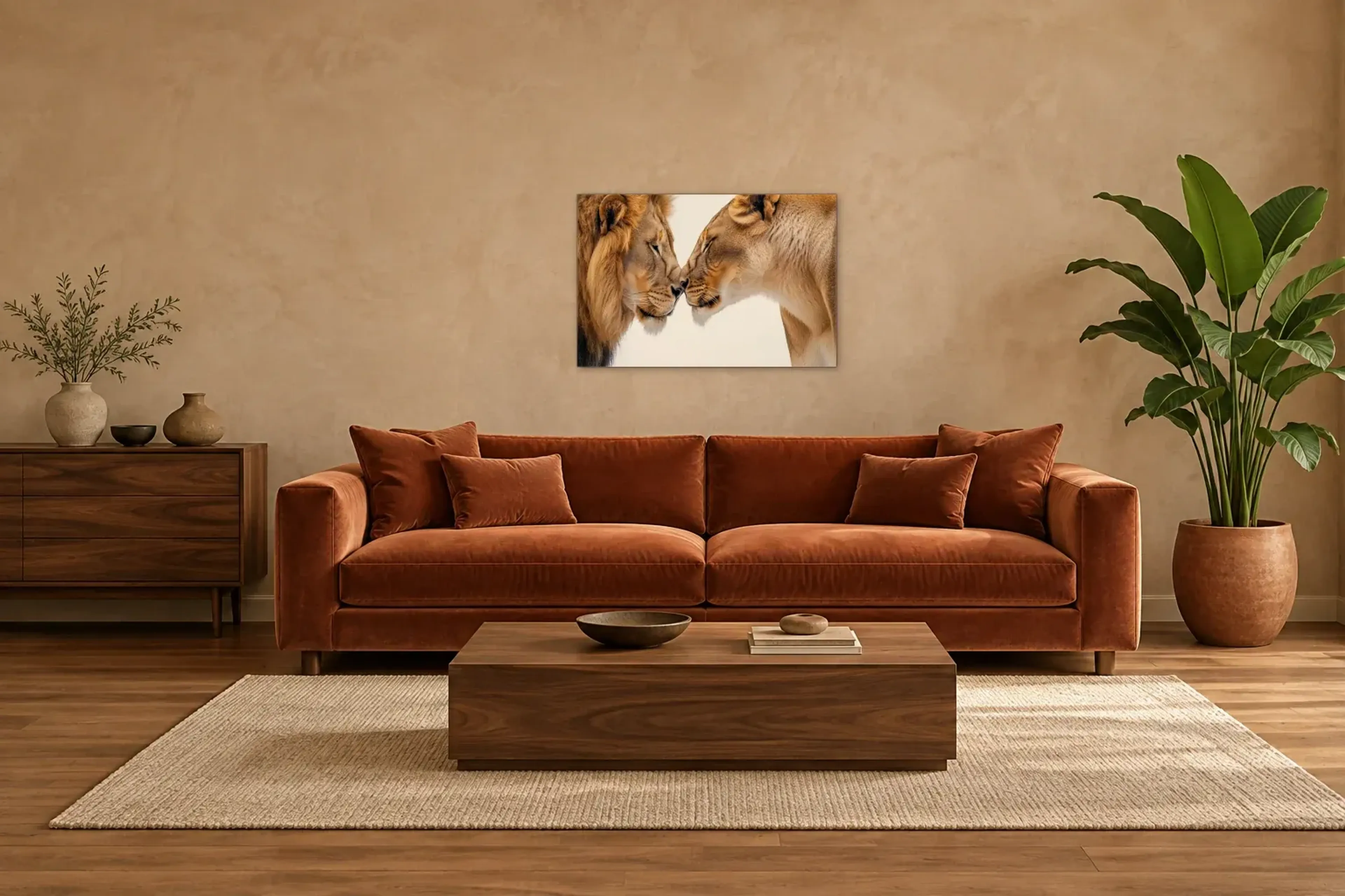 Löwenkuss als Wandbild über einem 220-cm-Sofa