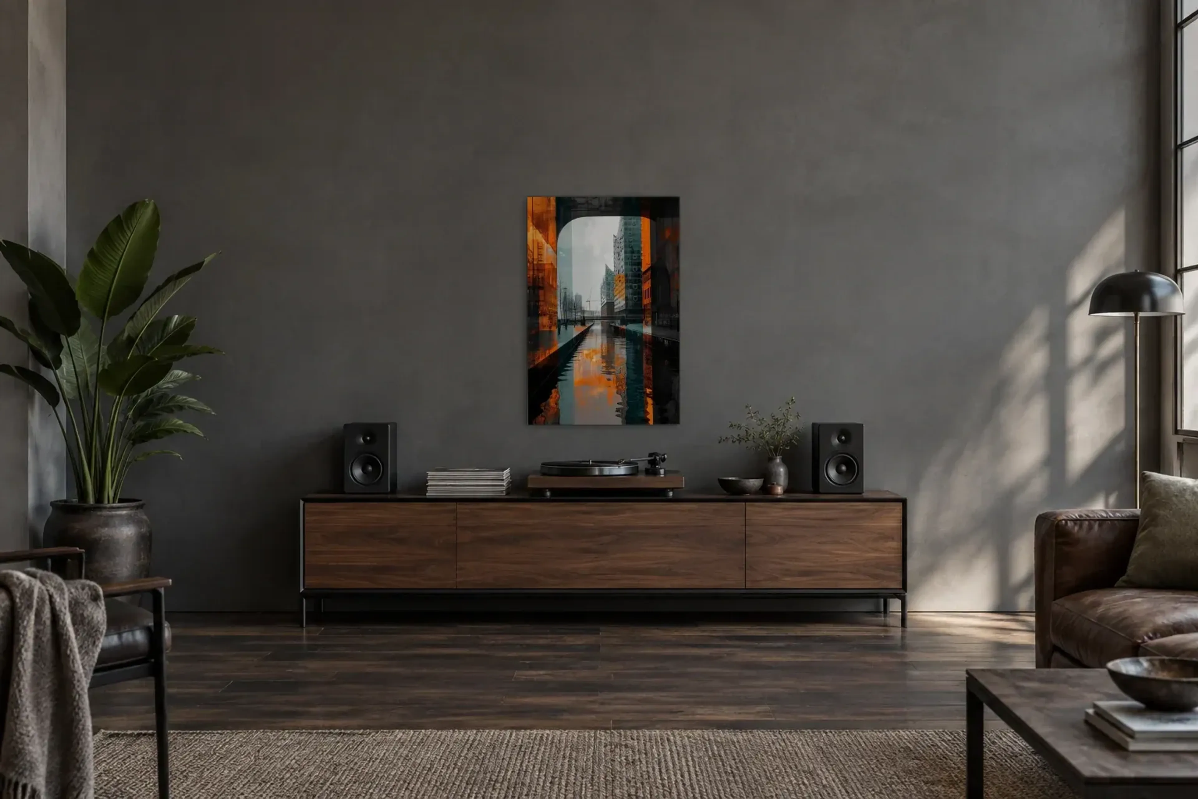Hafenkanal in Orange als Wandbild über einem 200-cm-Sideboard