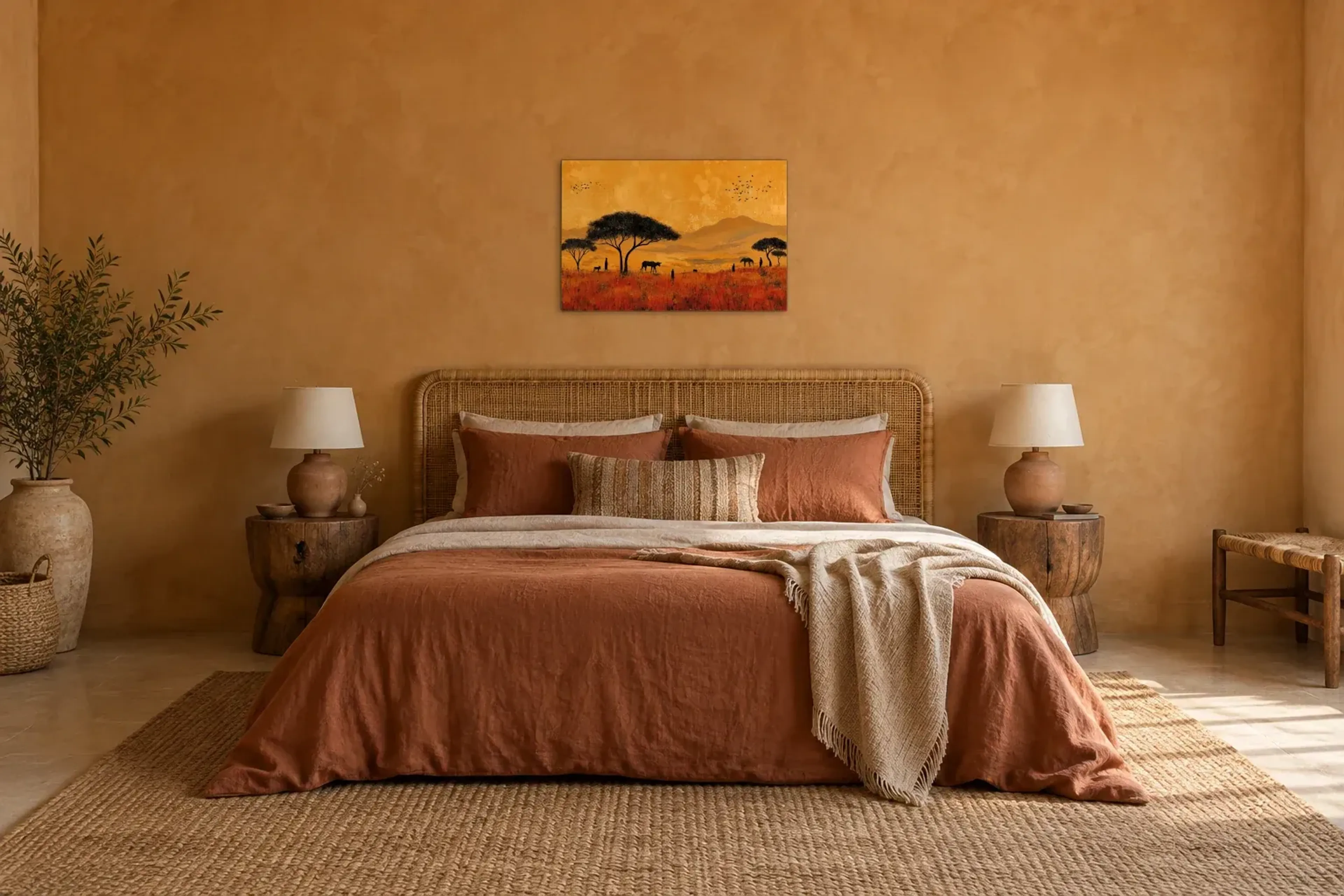 Goldene Savanne als Wandbild über einem 180-cm-Bett
