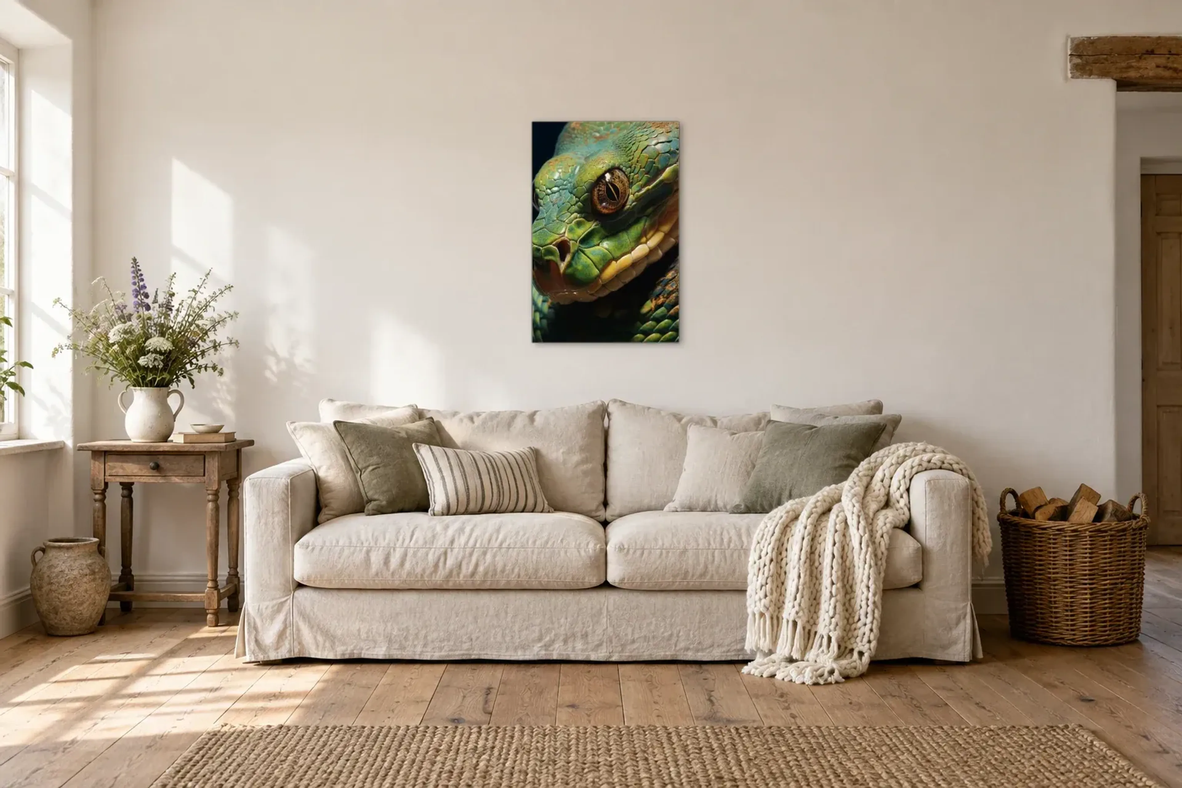 Schlange Portrait als Wandbild über einem 220-cm-Sofa