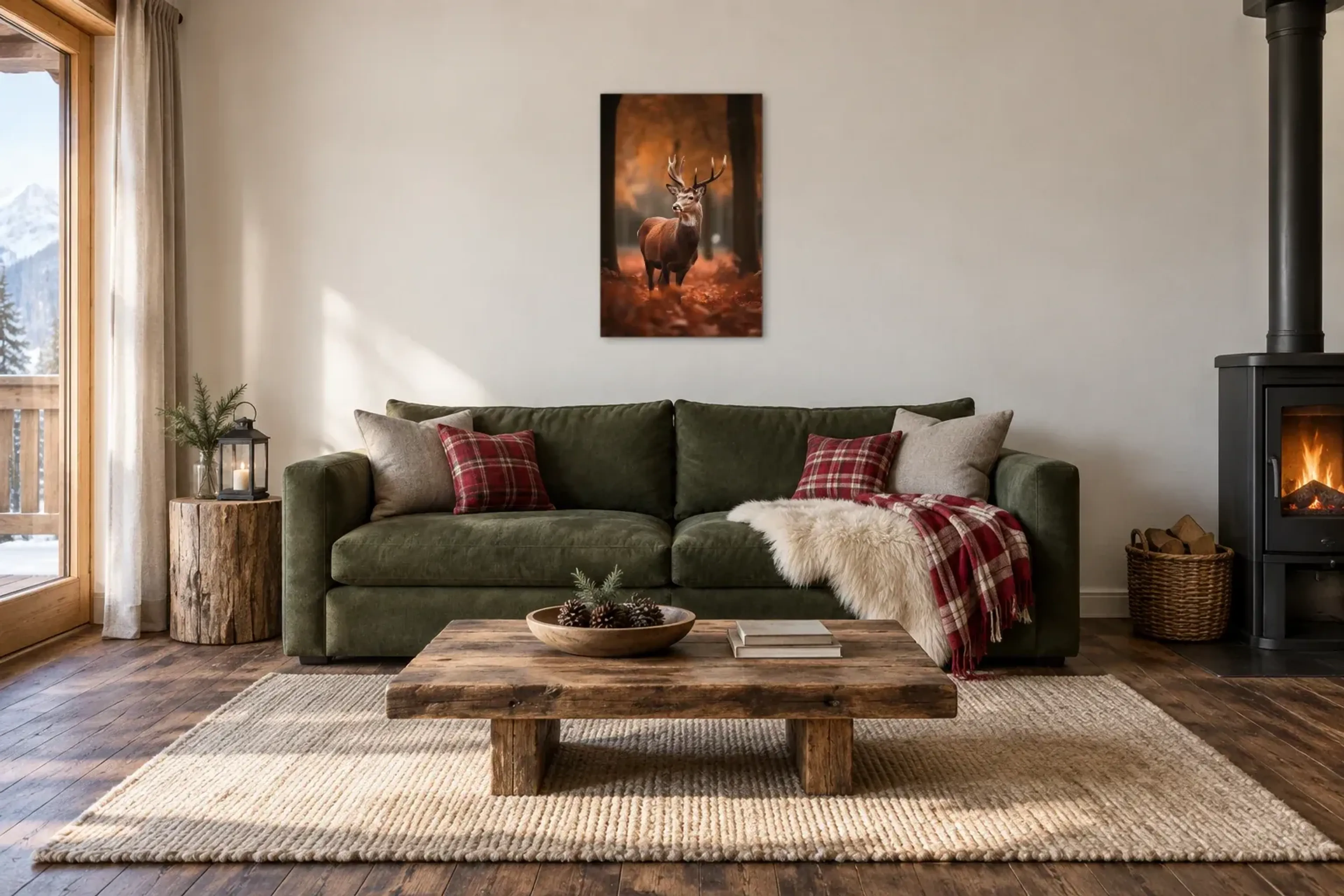 Hirsch im Herbstwald als Wandbild über einem 220-cm-Sofa