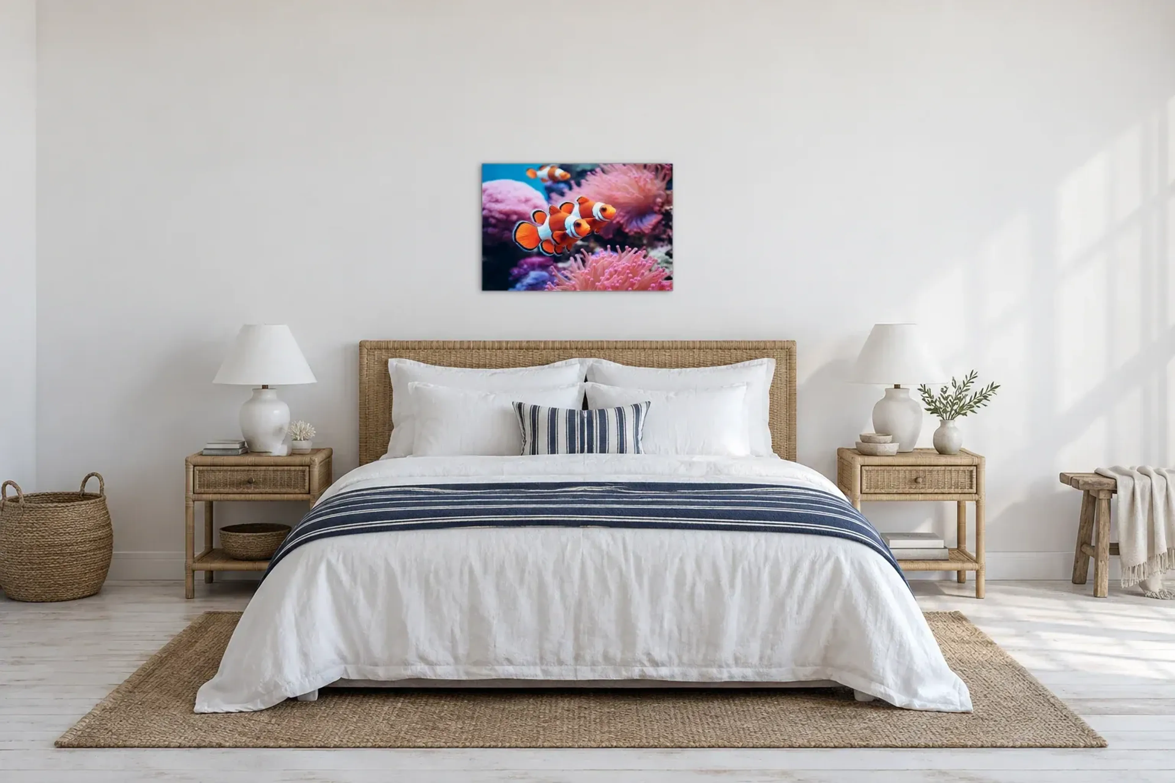 Anemonenfische im Rosa als Wandbild über einem 180-cm-Bett