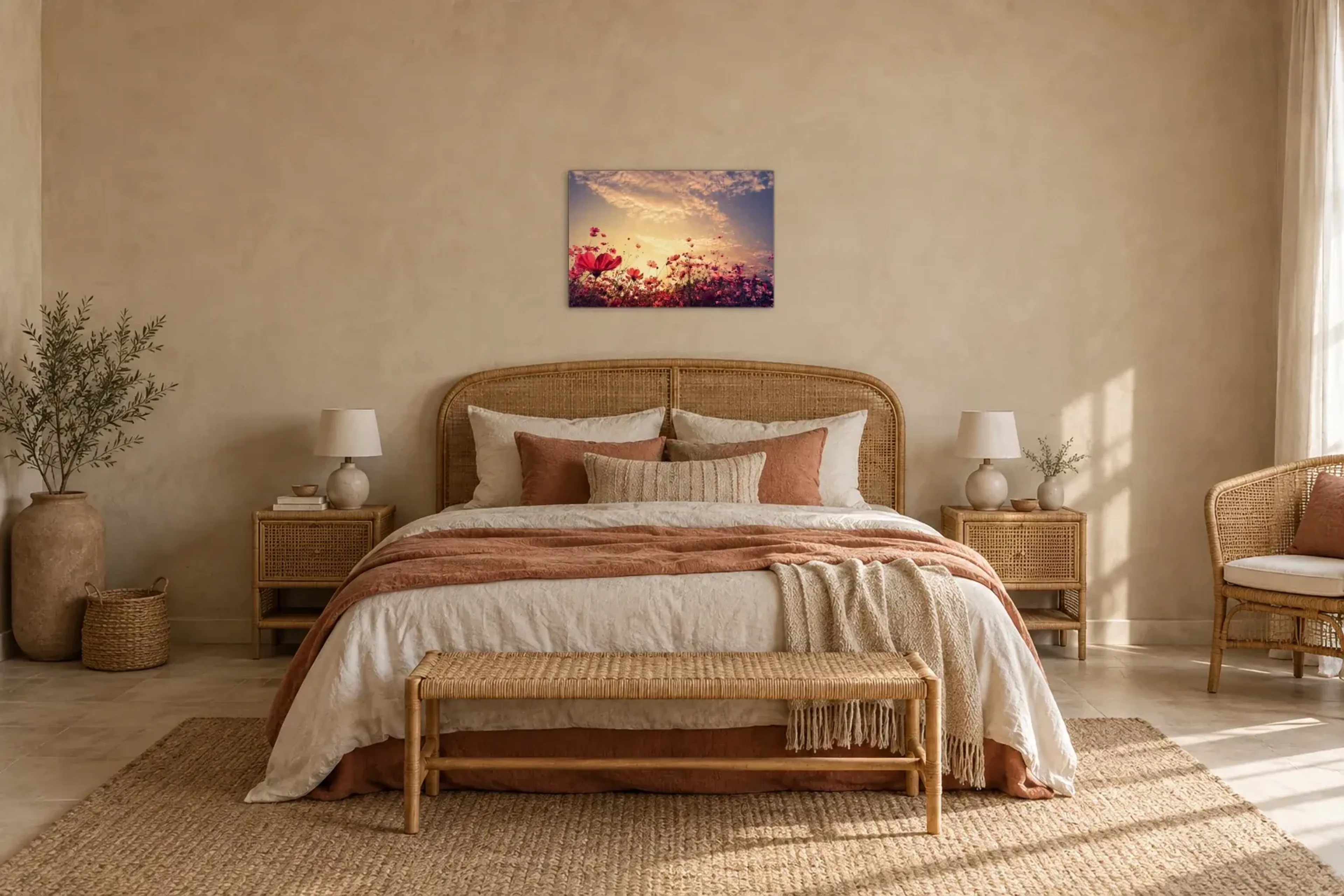 Blumenwiese Abendstimmung als Wandbild über einem 180-cm-Bett
