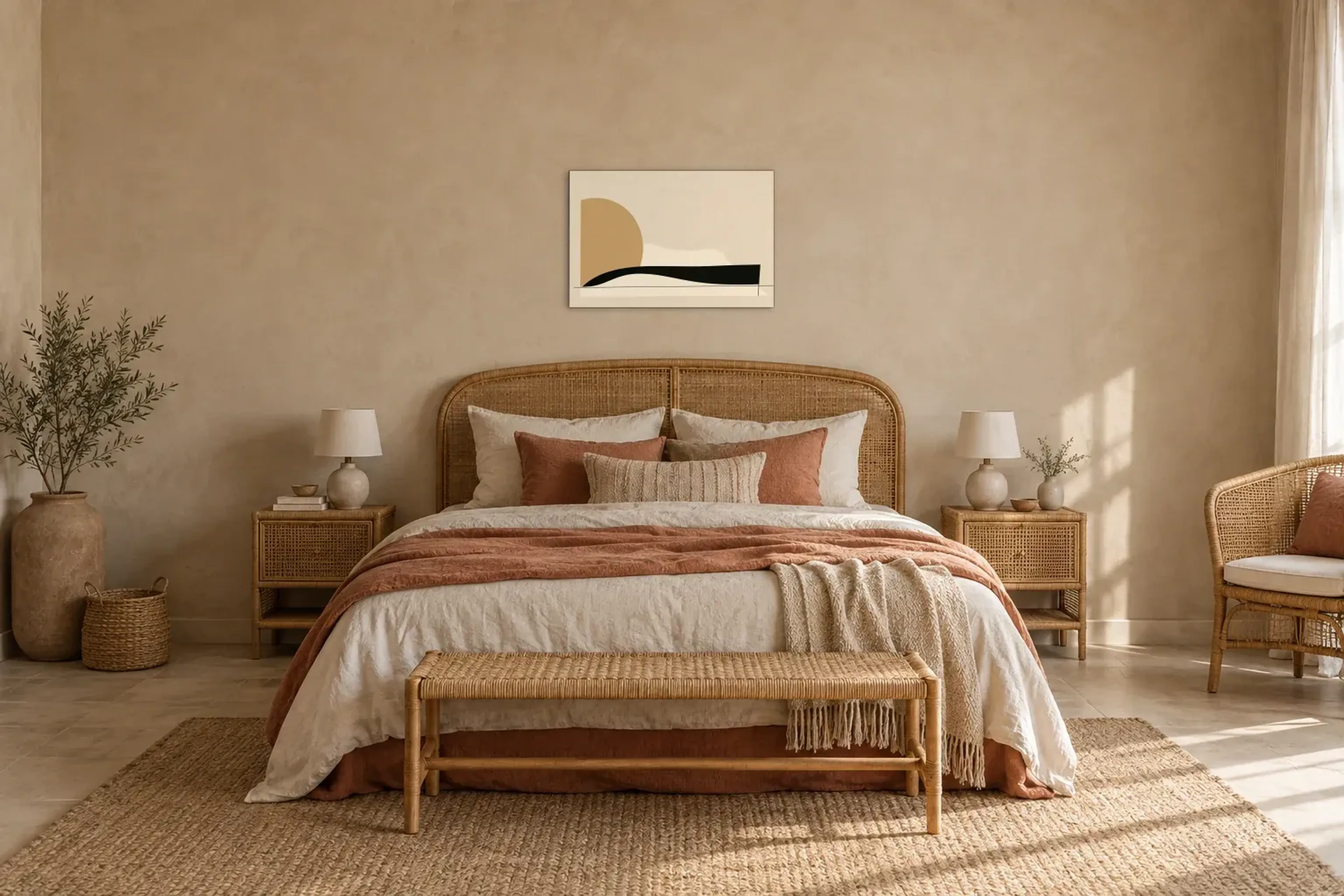 Boho Formen als Wandbild über einem 180-cm-Bett