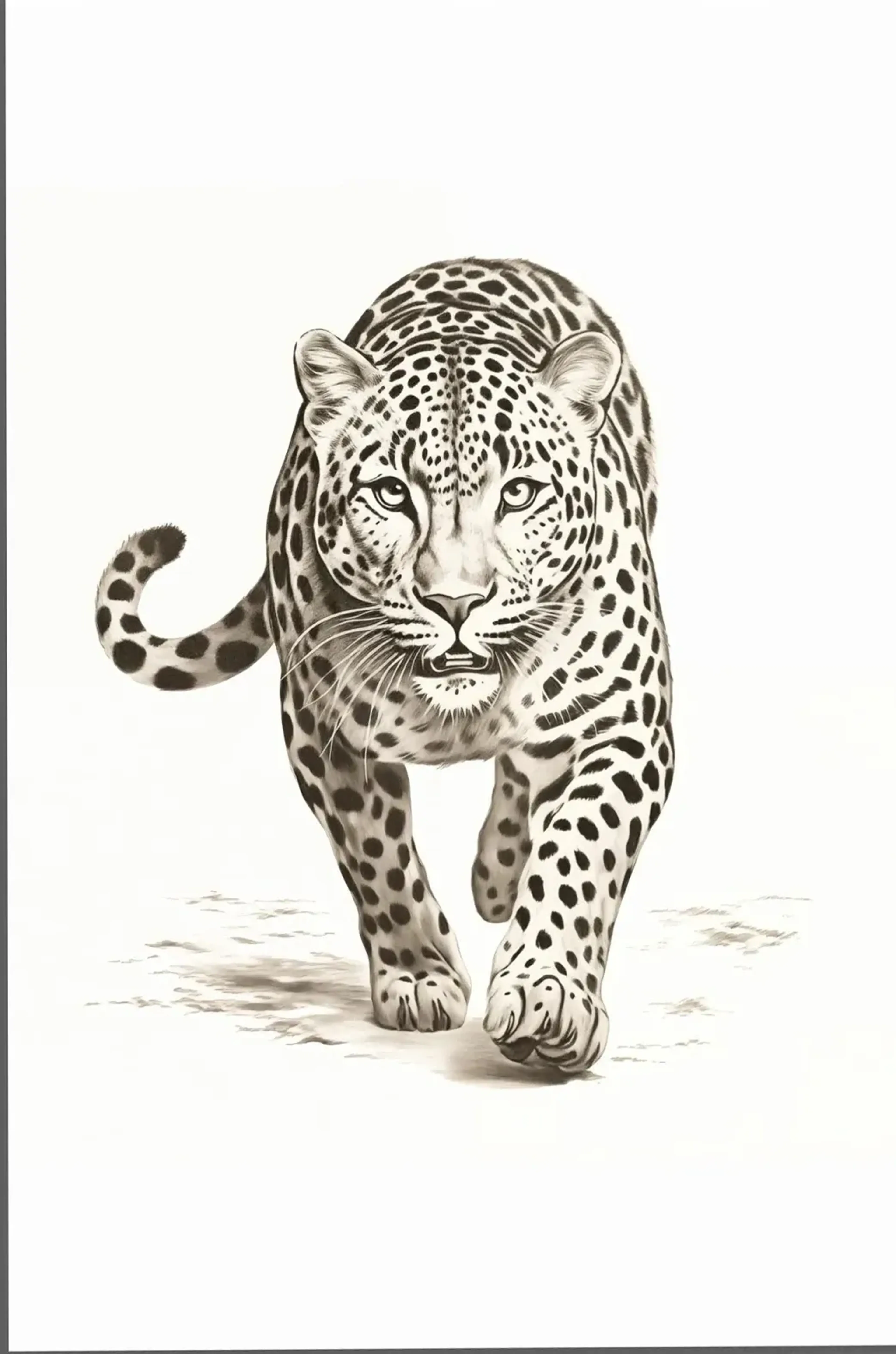 Ein Leopard mit dunkler Fellzeichnung schreitet frontal vor hellem Hintergrund, sein Schwanz ist seitlich gebogen.