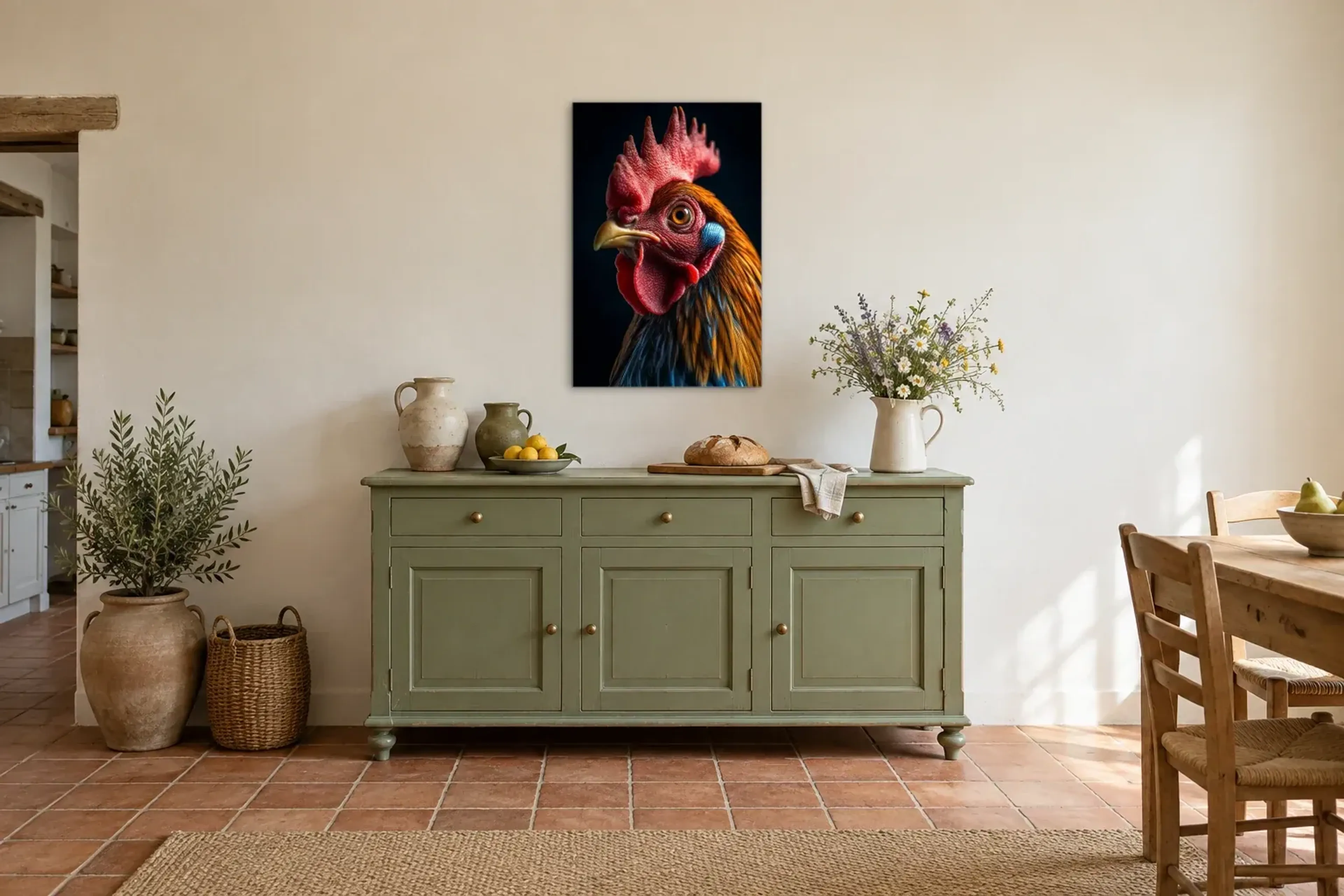 Portrait stolzer Hahn als Wandbild über einer 160-cm-Anrichte