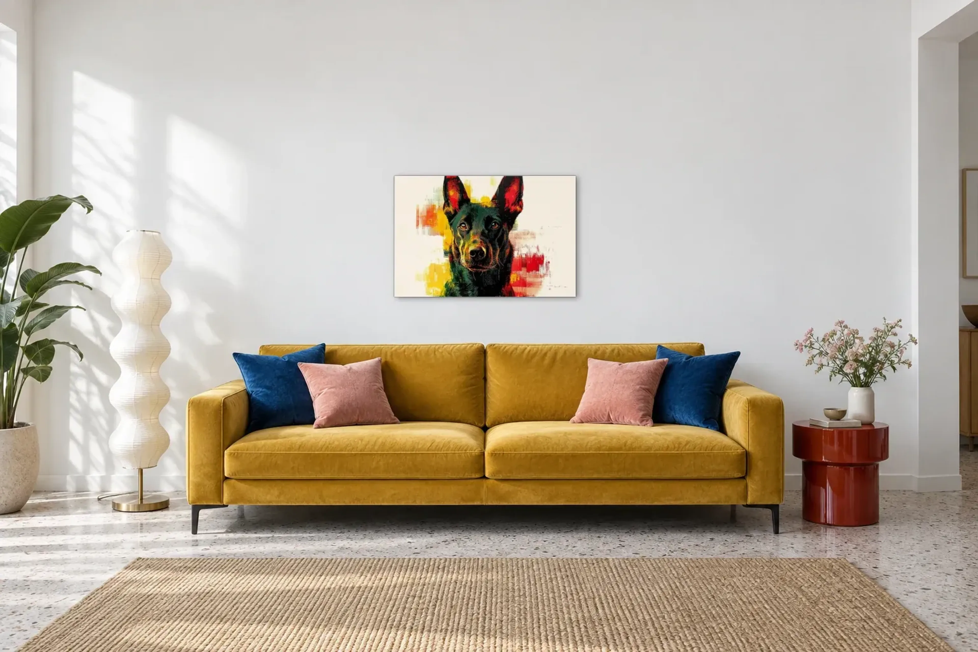Malinois mit wachem Blick als Wandbild über einem 220-cm-Sofa