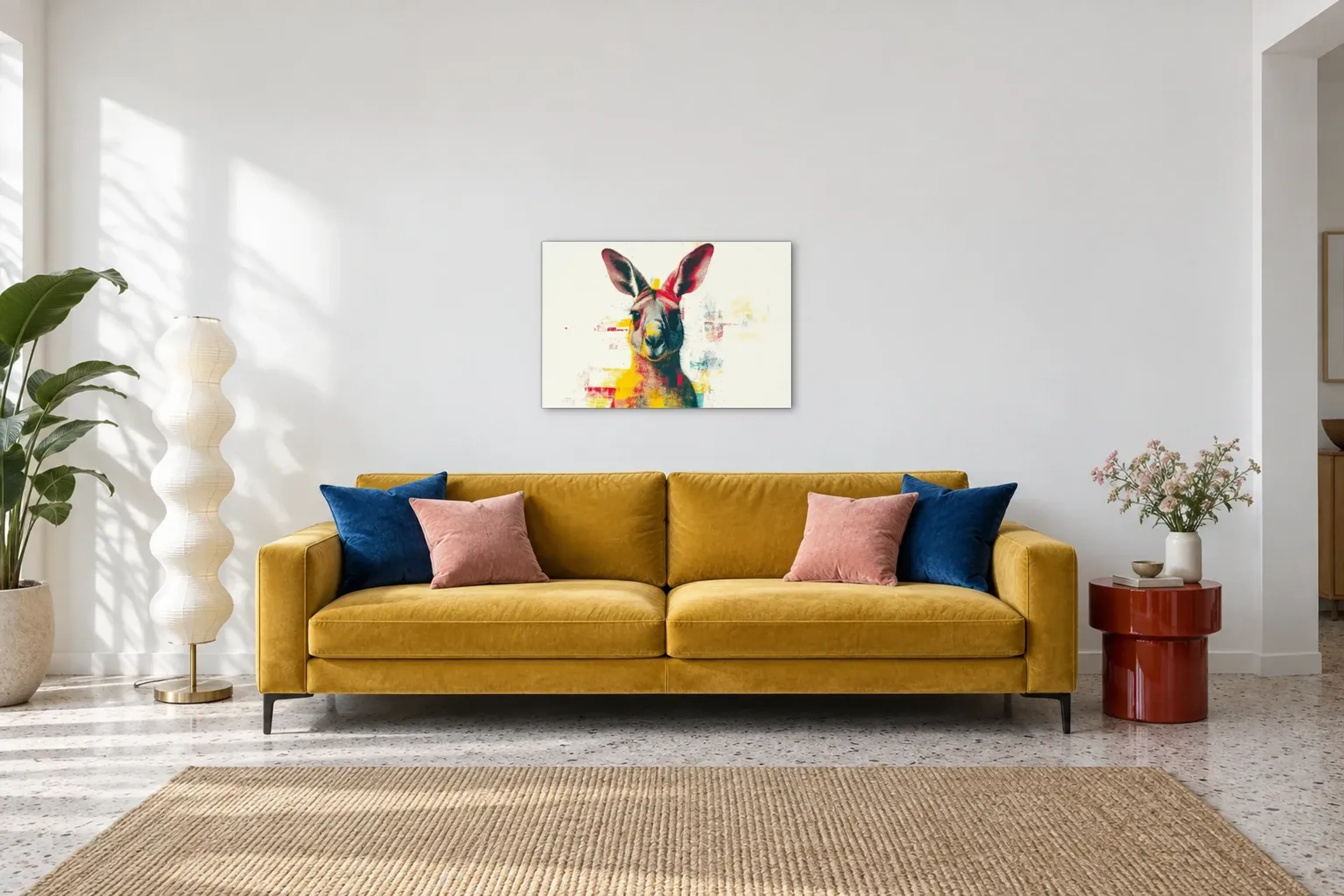 Känguru auf Cremeweiß als Wandbild über einem 220-cm-Sofa
