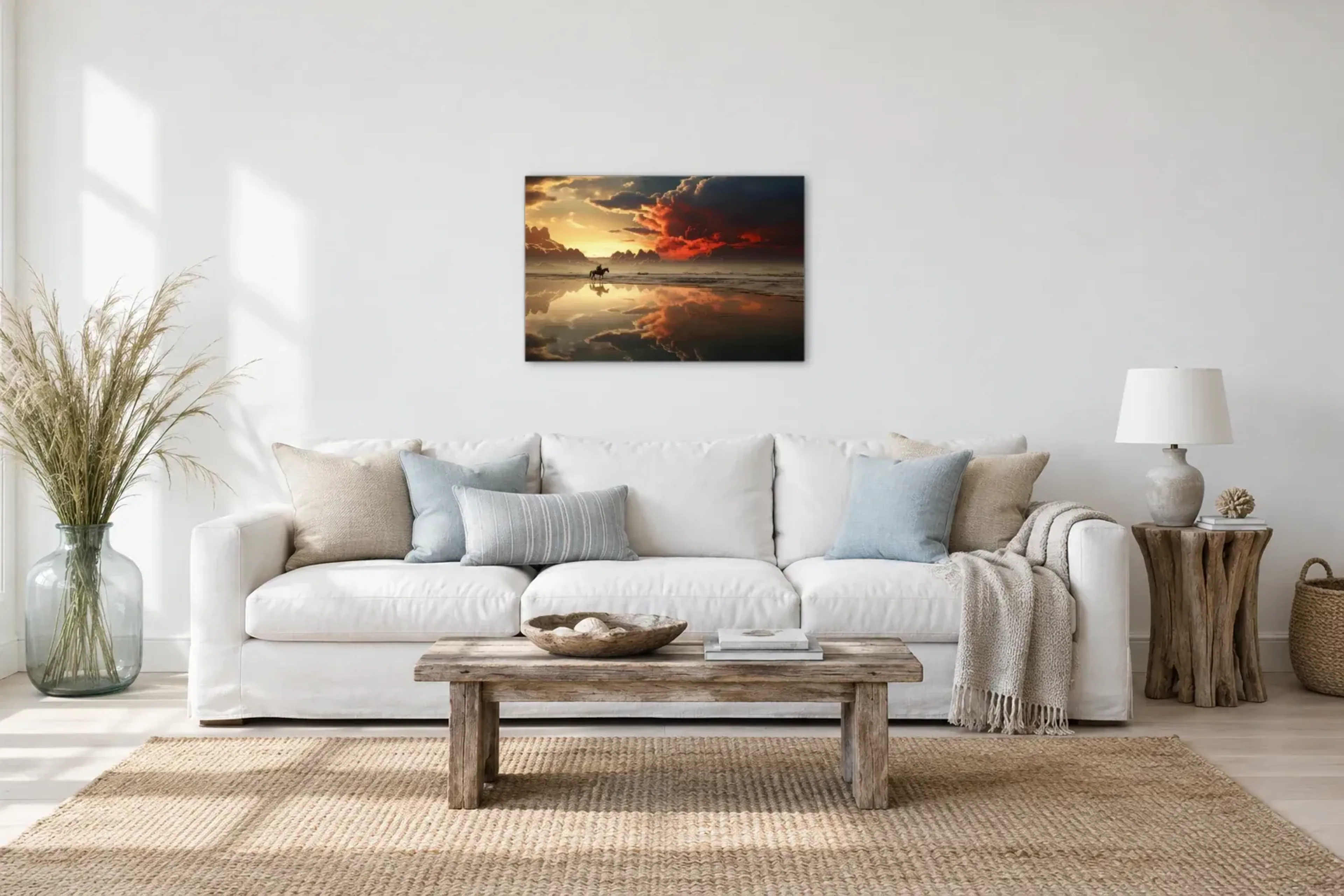 Reiter unter glühenden Wolken als Wandbild über einem 220-cm-Sofa