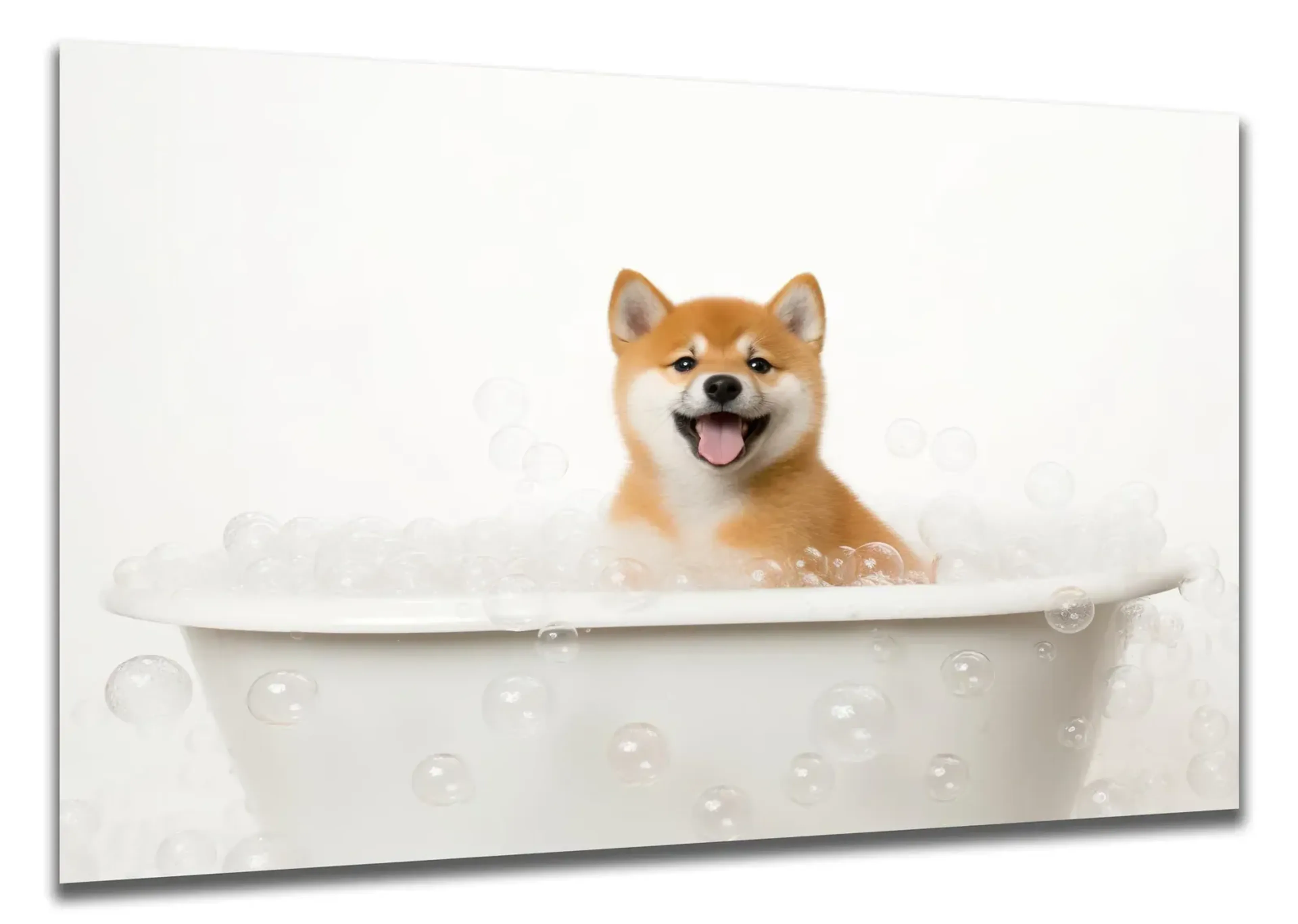 Ein rotbrauner Shiba Inu mit weißer Brust sitzt mit offenem Maul in einer weißen Badewanne voller Schaum.