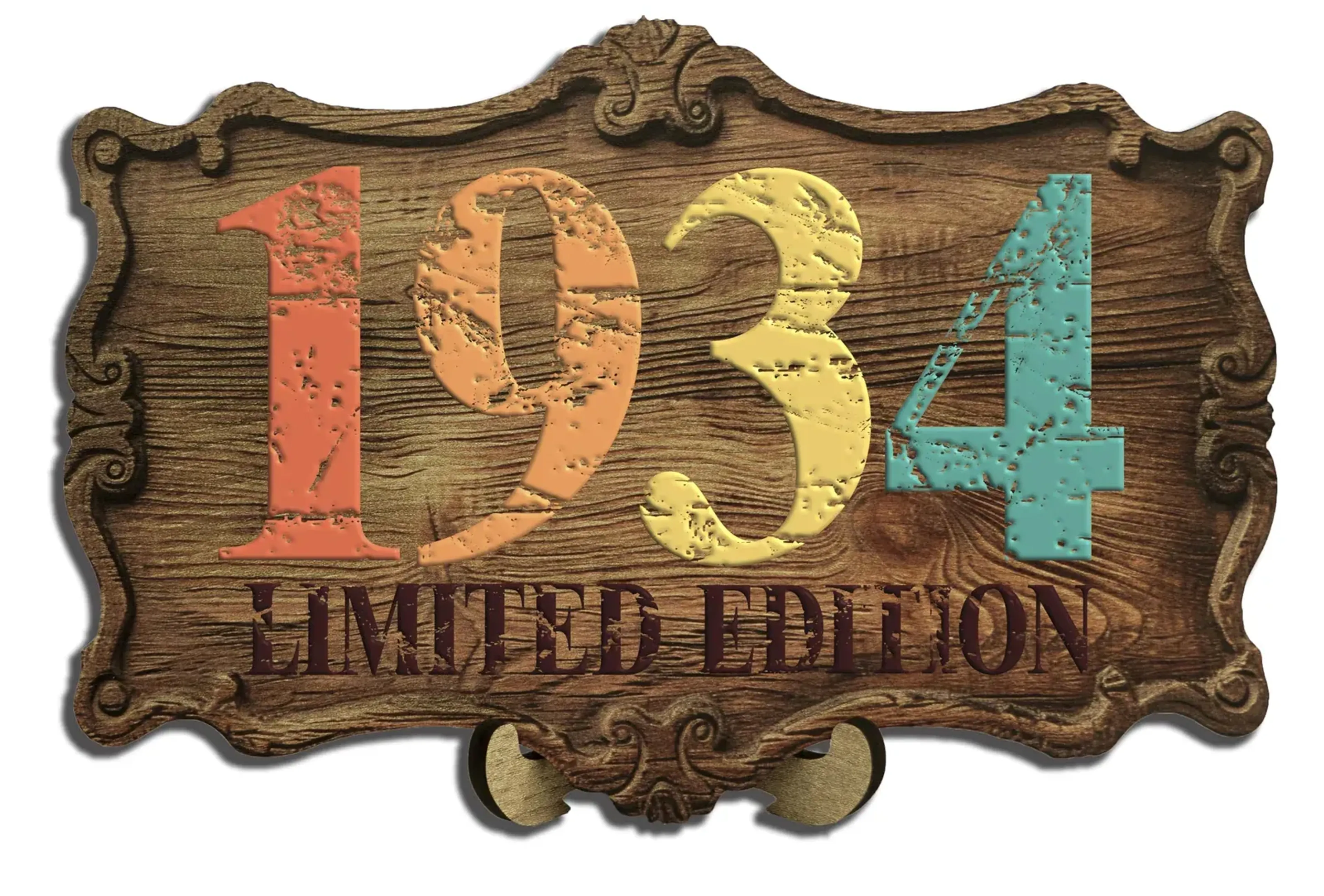 Retroschild auf Ständer mit beispielhaftem buntem Jahrgang, Schriftzug „LIMITED EDITION“ und geschwungenem Rand.