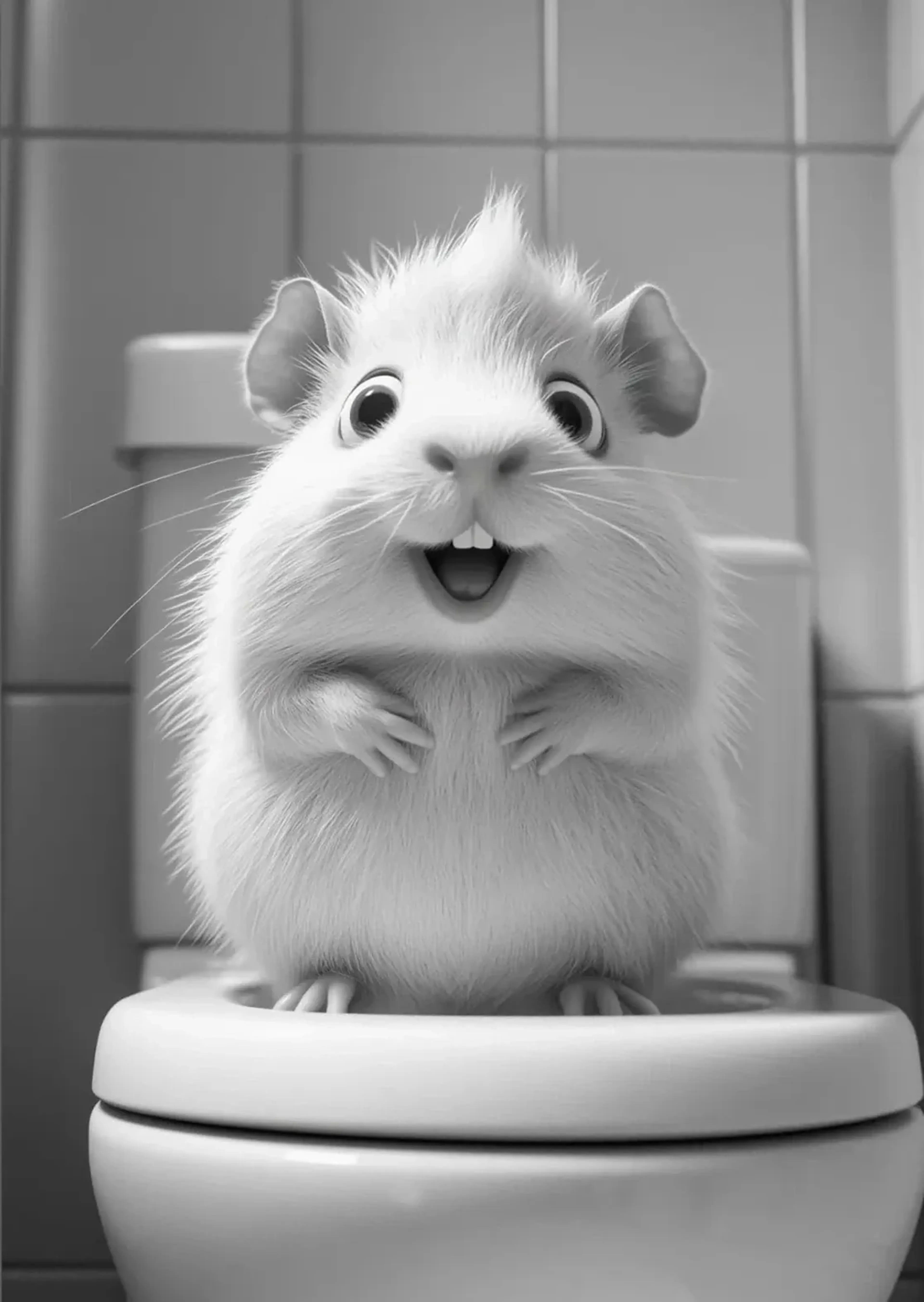 Flauschiges Meerschweinchen mit großen Augen und offenem Mund auf einer Toilettenbrille in Schwarz-Weiß.