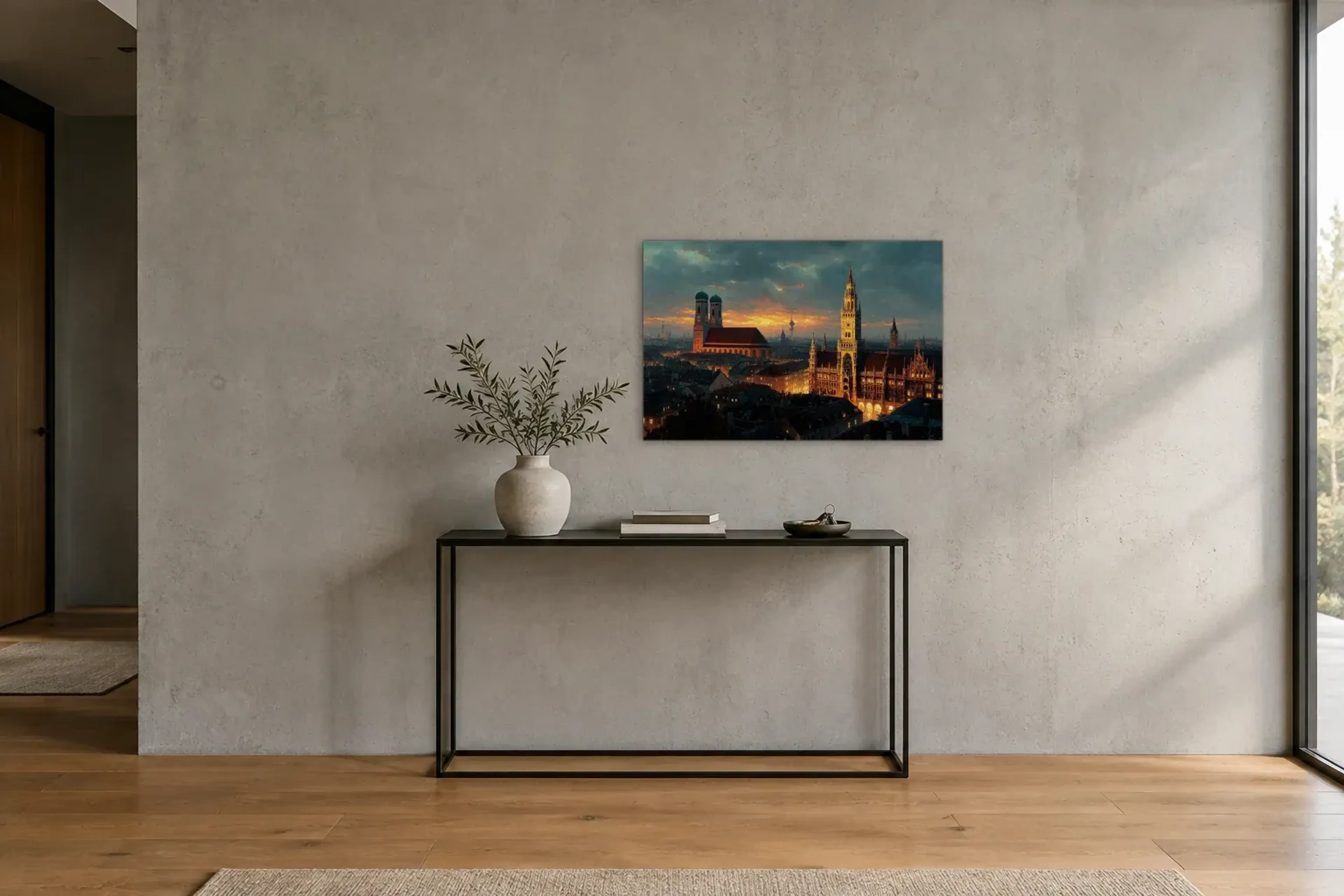 München im goldenen Abendlicht als Wandbild über einer 120-cm-Konsole