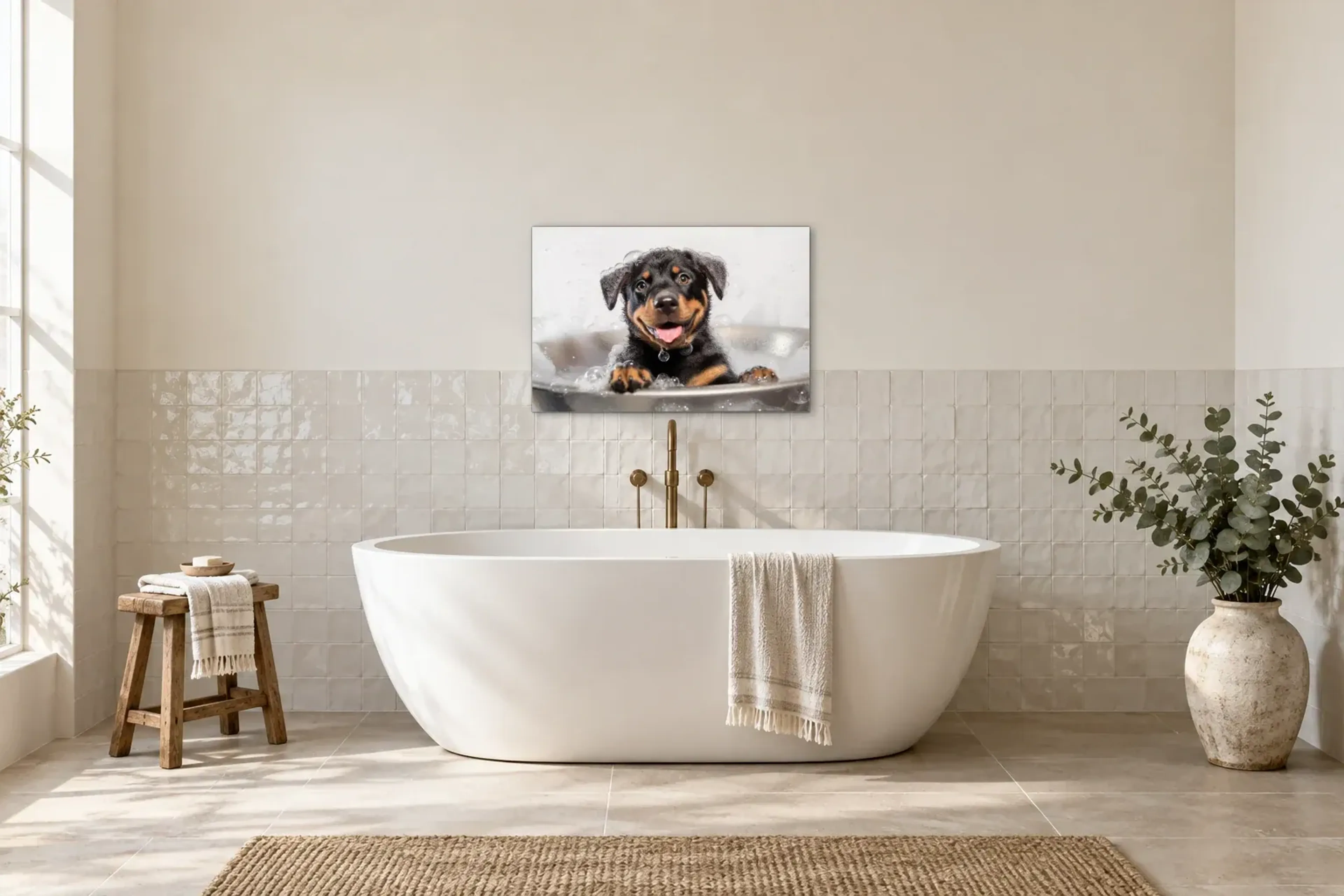 Rottweiler im Schaumbad als Wandbild über einer 170-cm-Badewanne