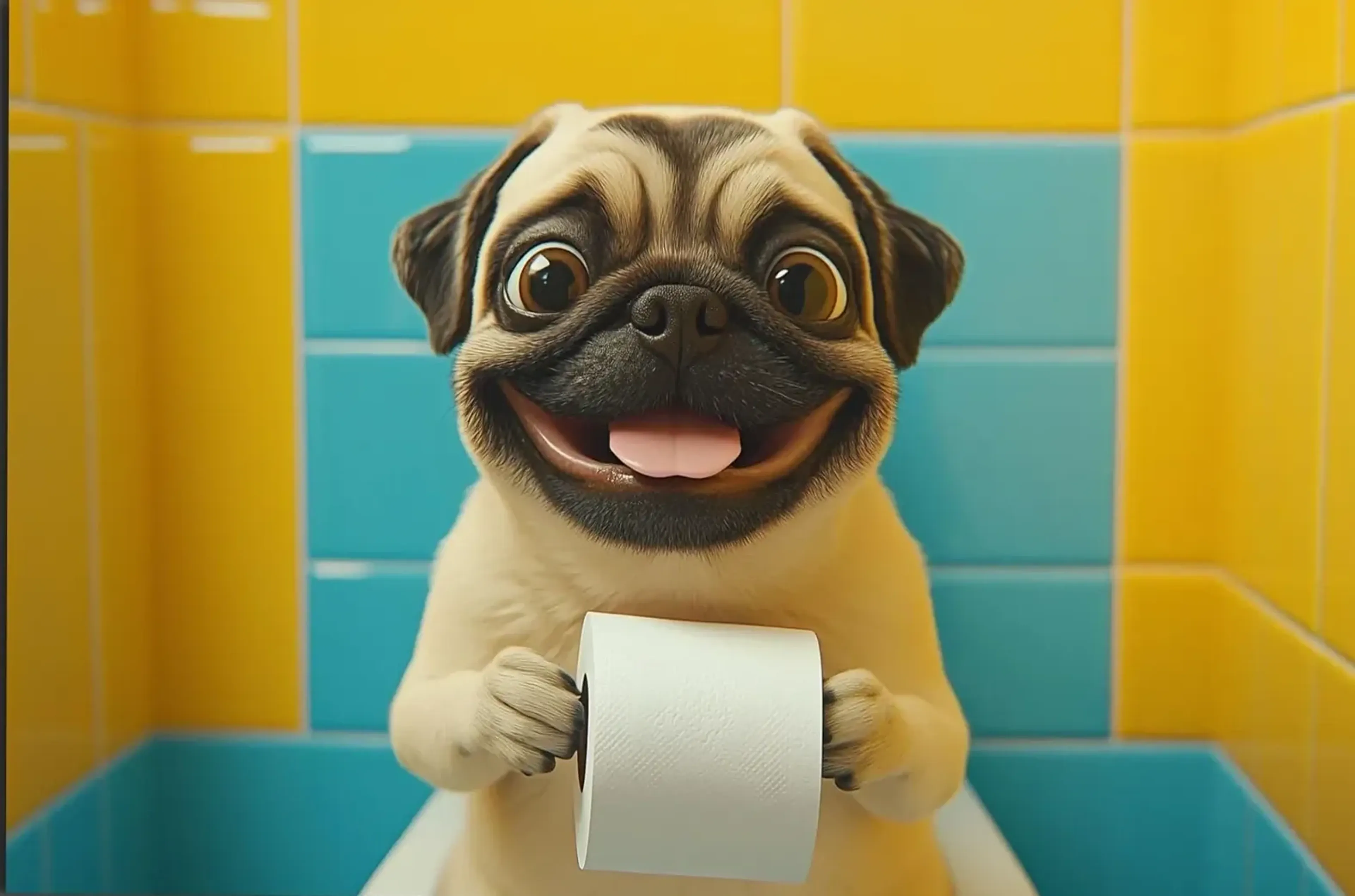 Mops zwischen bunten Fliesen – Motiv als Wandbild auf Holz