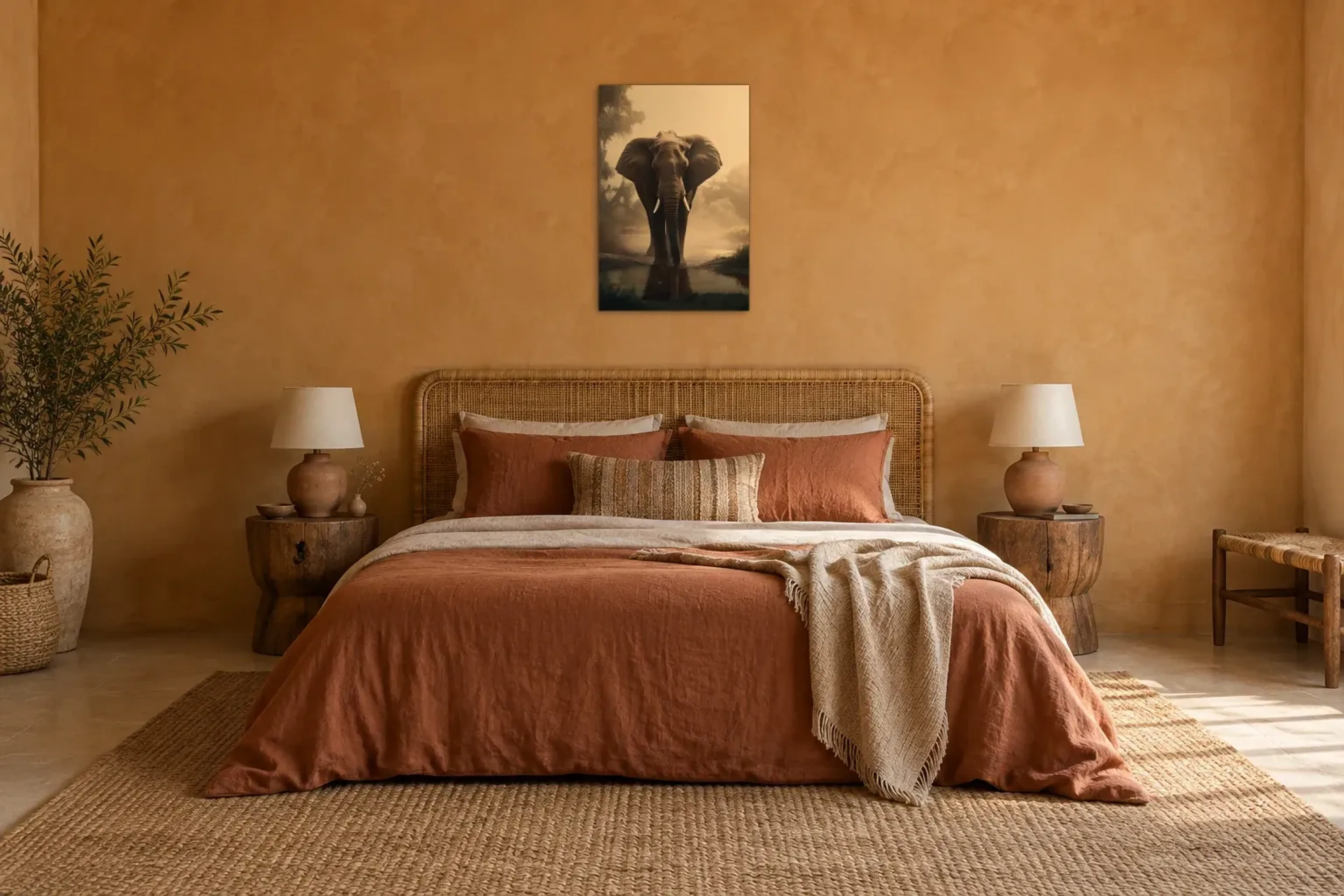 Elefant Frontal als Wandbild über einem 180-cm-Bett