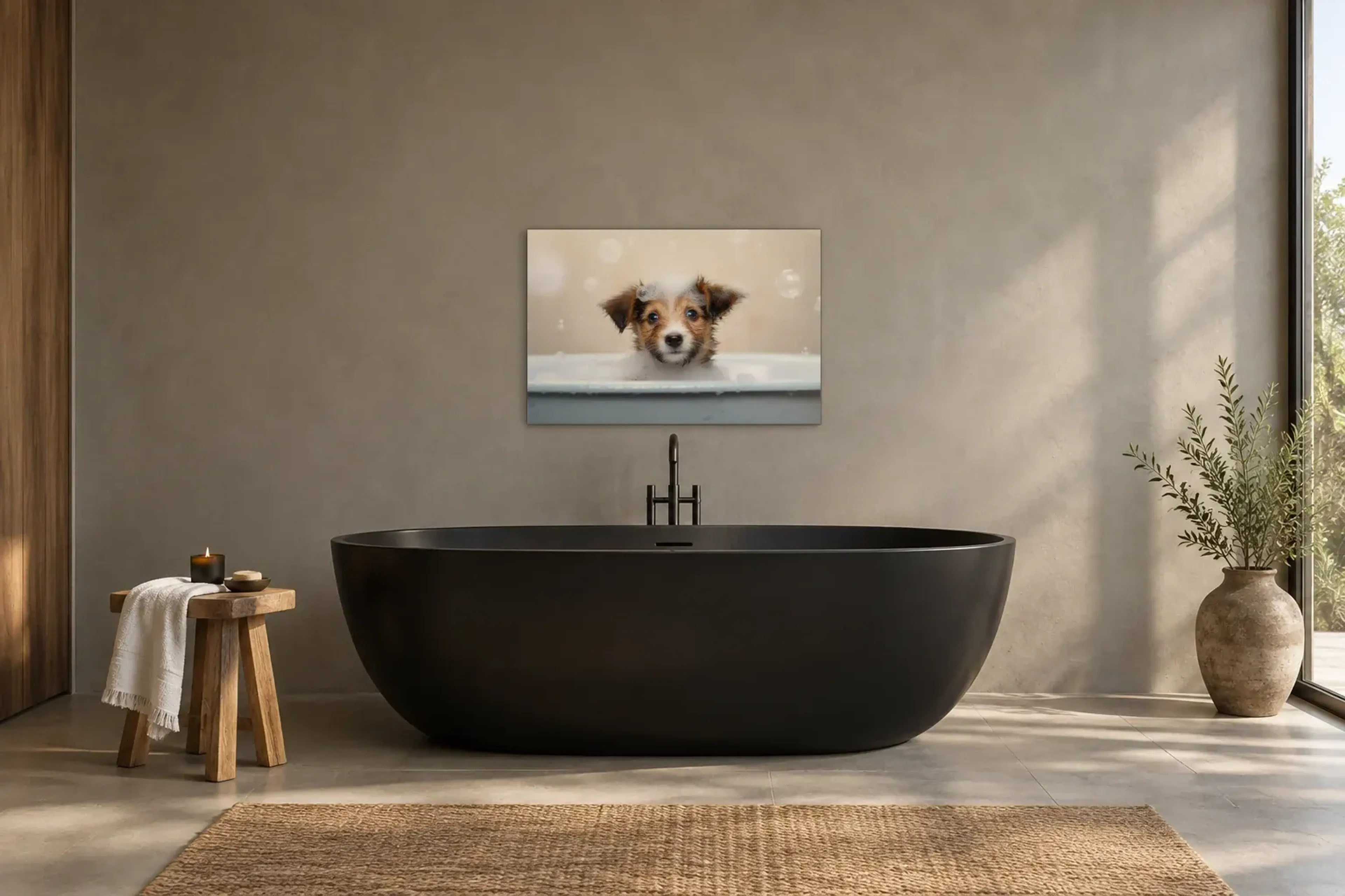 Terrier mit Schaumhaube als Wandbild über einer 170-cm-Badewanne