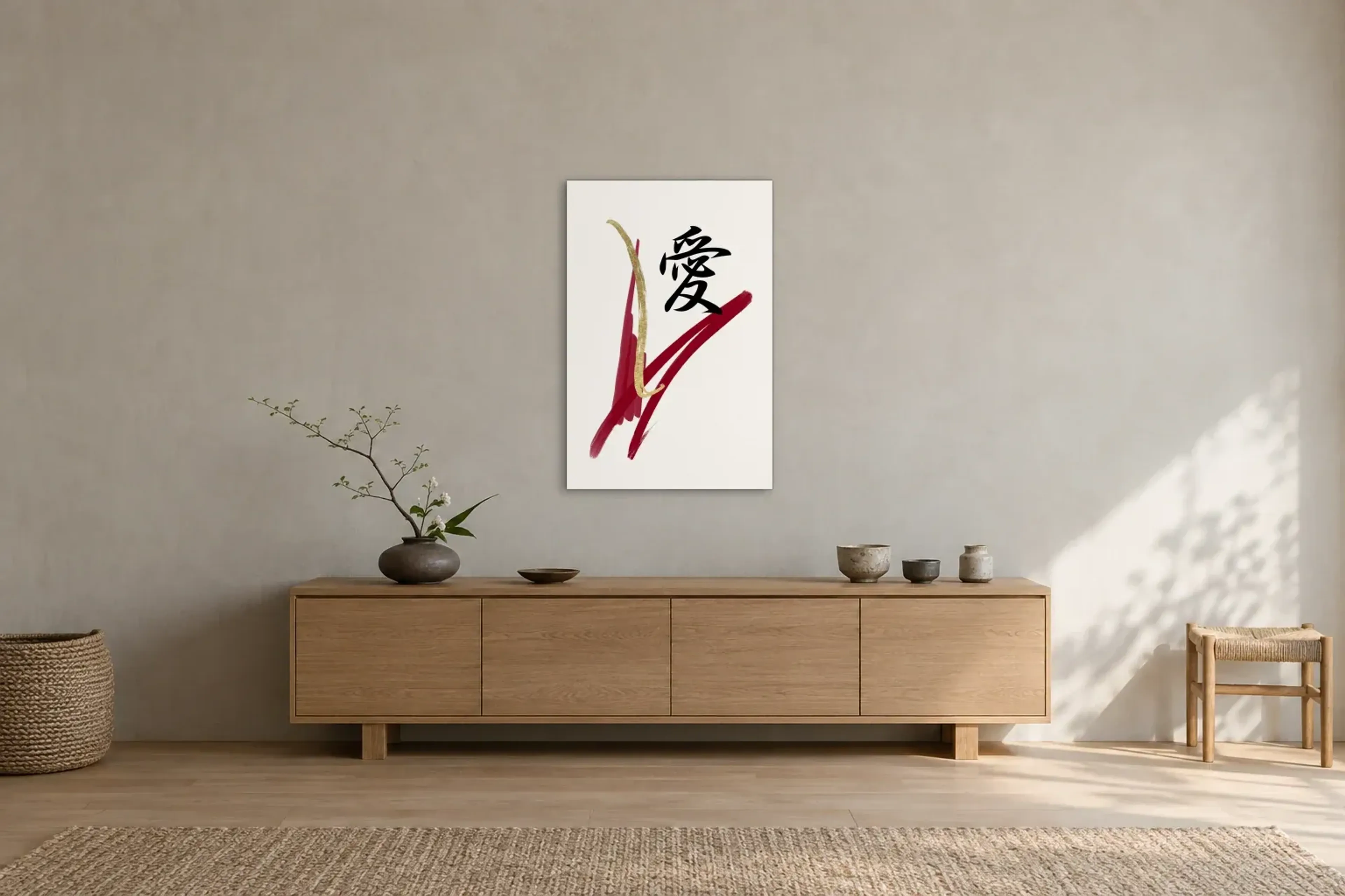 Schriftzeichen und goldener Schwung als Wandbild über einem 180-cm-Sideboard