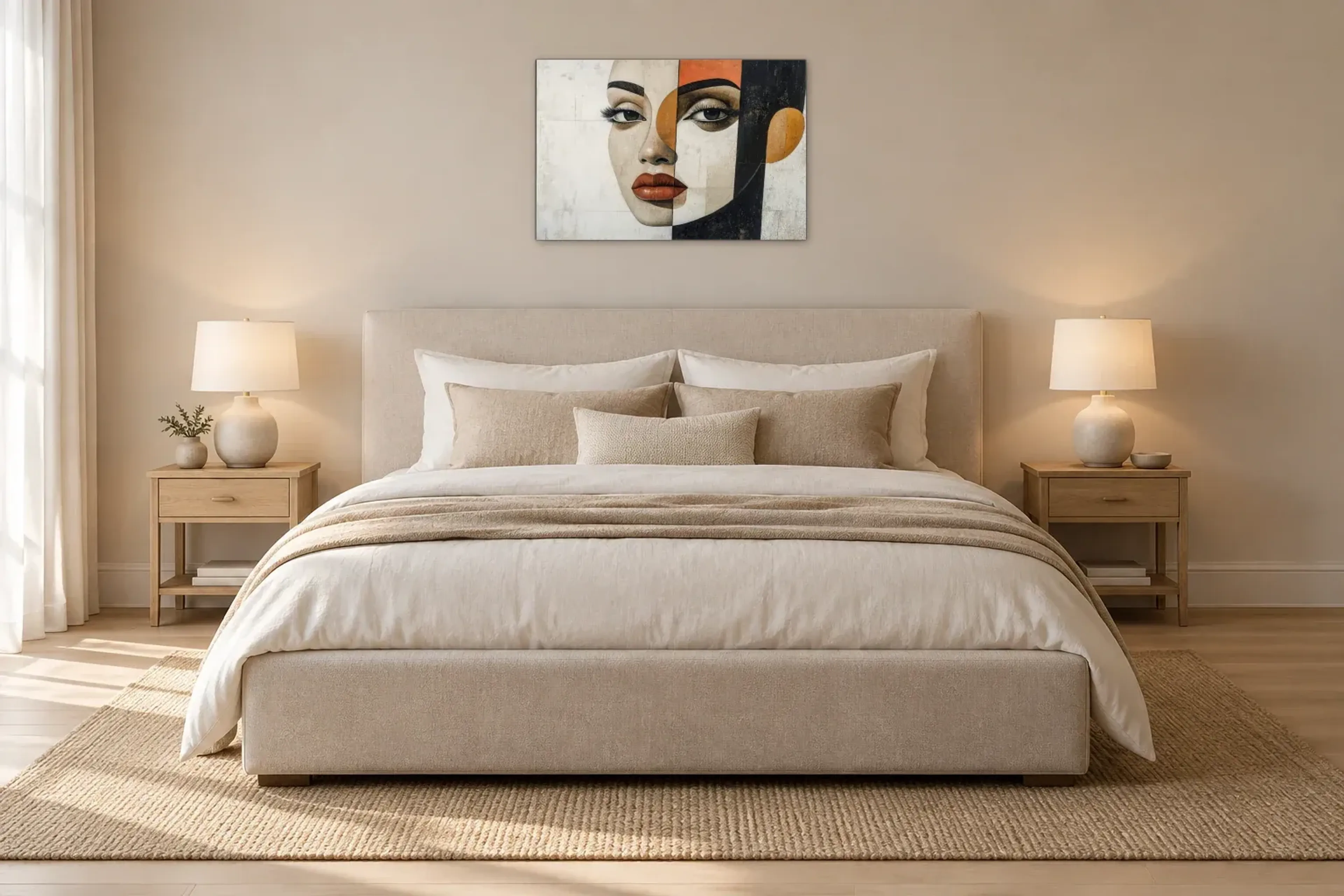 Gesicht in Geometrie als Wandbild über einem 180-cm-Bett
