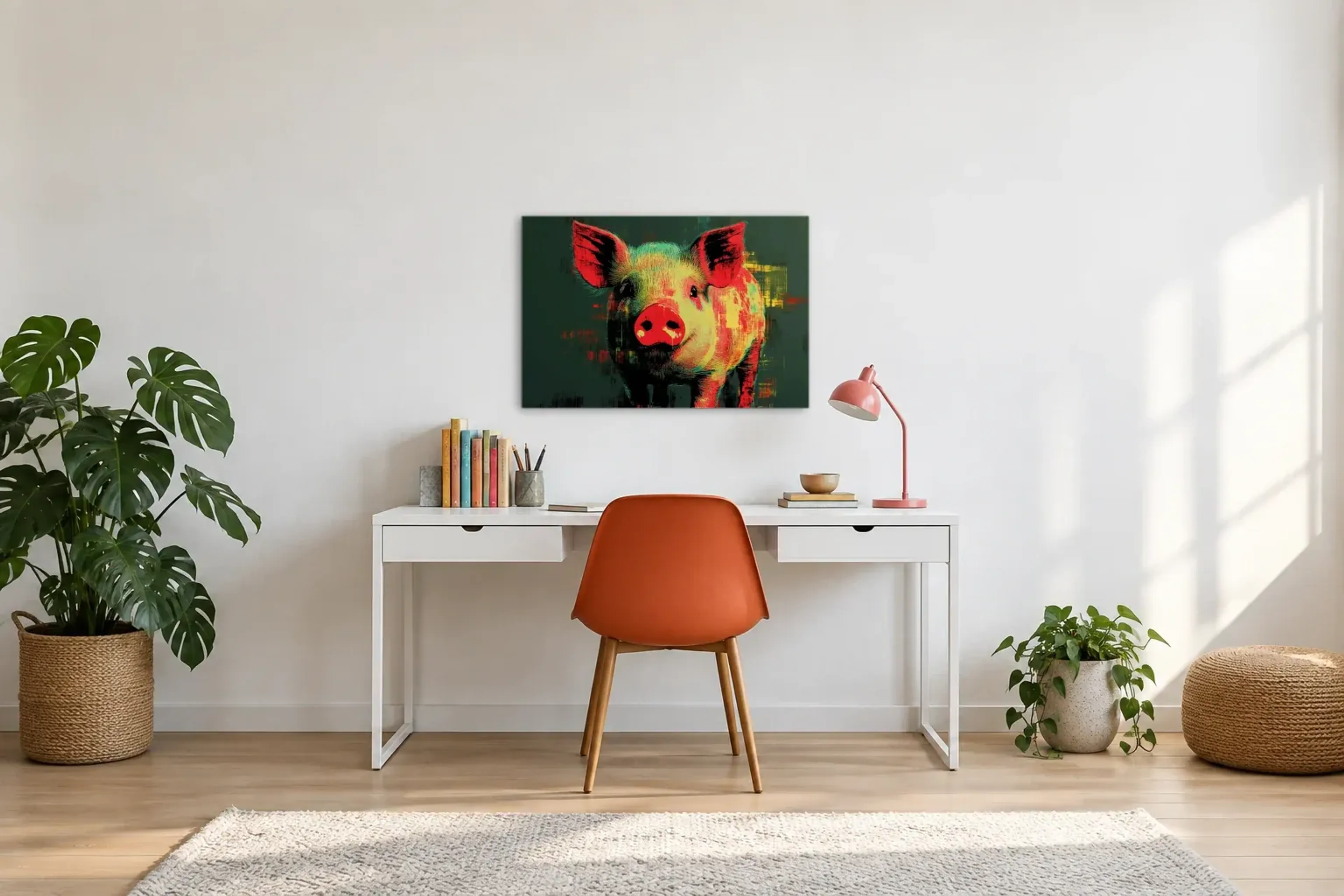 Schwein auf Dunkelgrün als Wandbild über einem 140-cm-Schreibtisch
