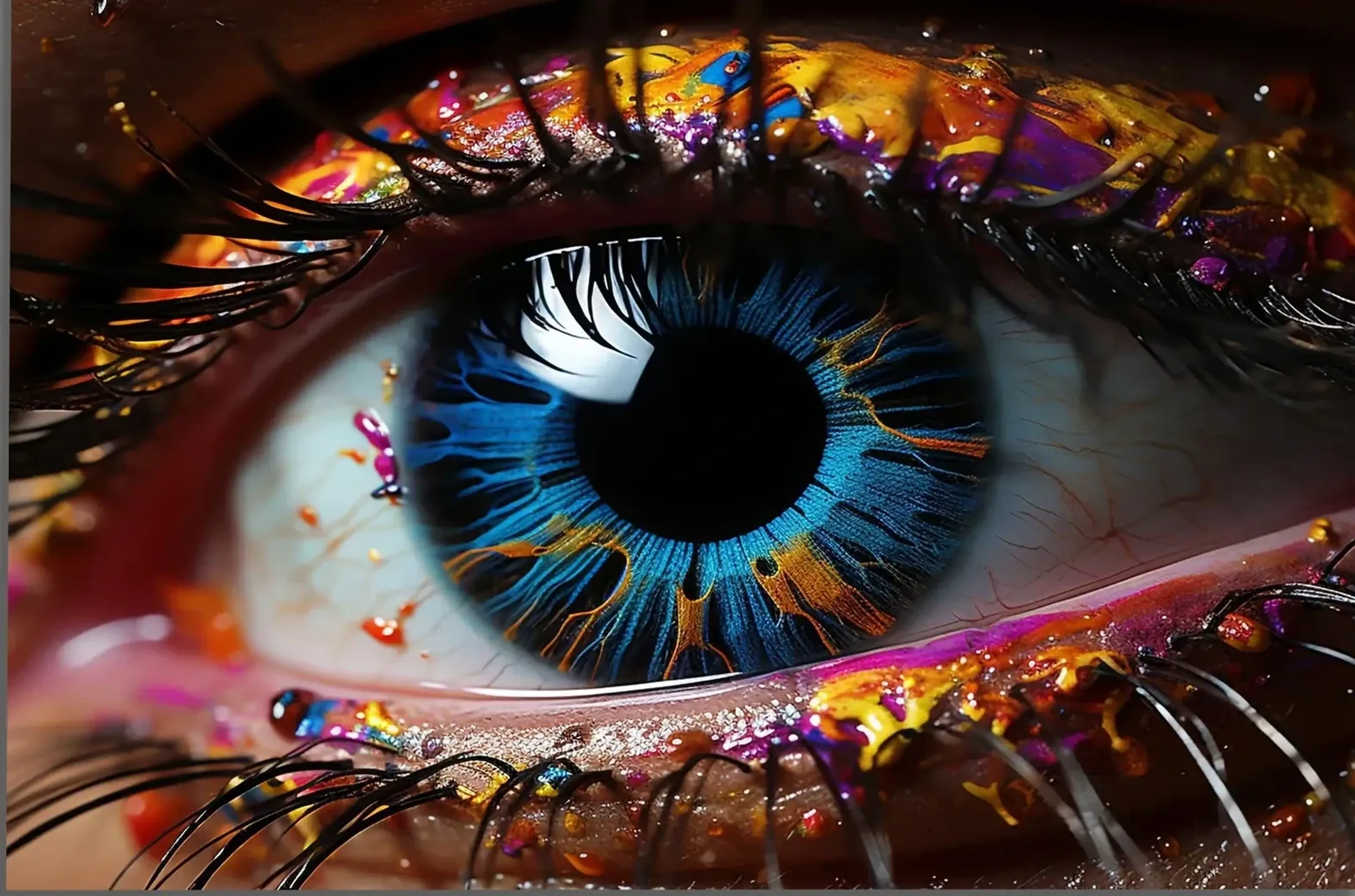 Nahaufnahme eines blauen Auges mit goldfarbenen Irislinien, dunklen Wimpern und bunten Farbtupfern auf den Lidern.