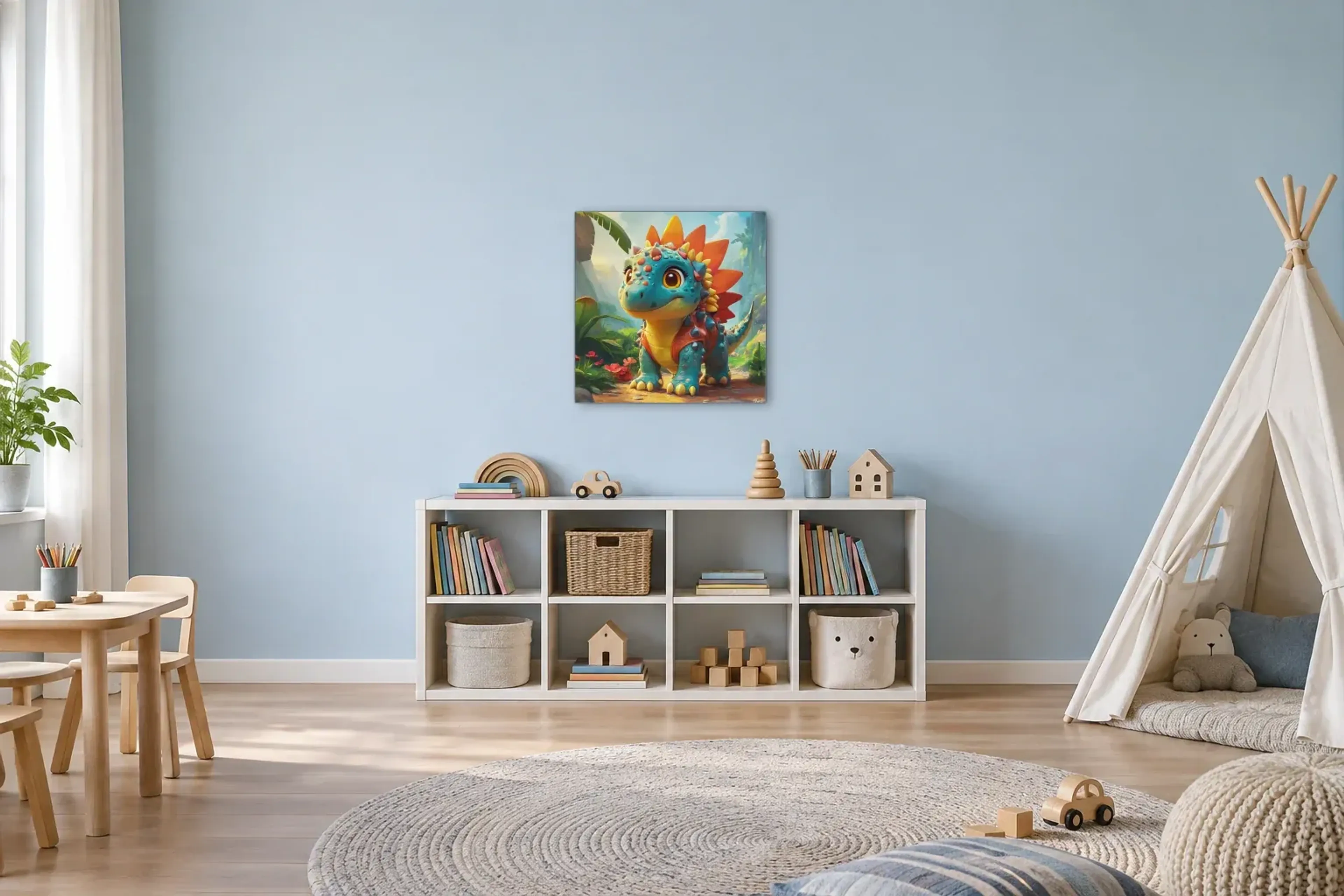 Dino mit buntem Rückenkamm als Wandbild über einem 120-cm-Spielregal