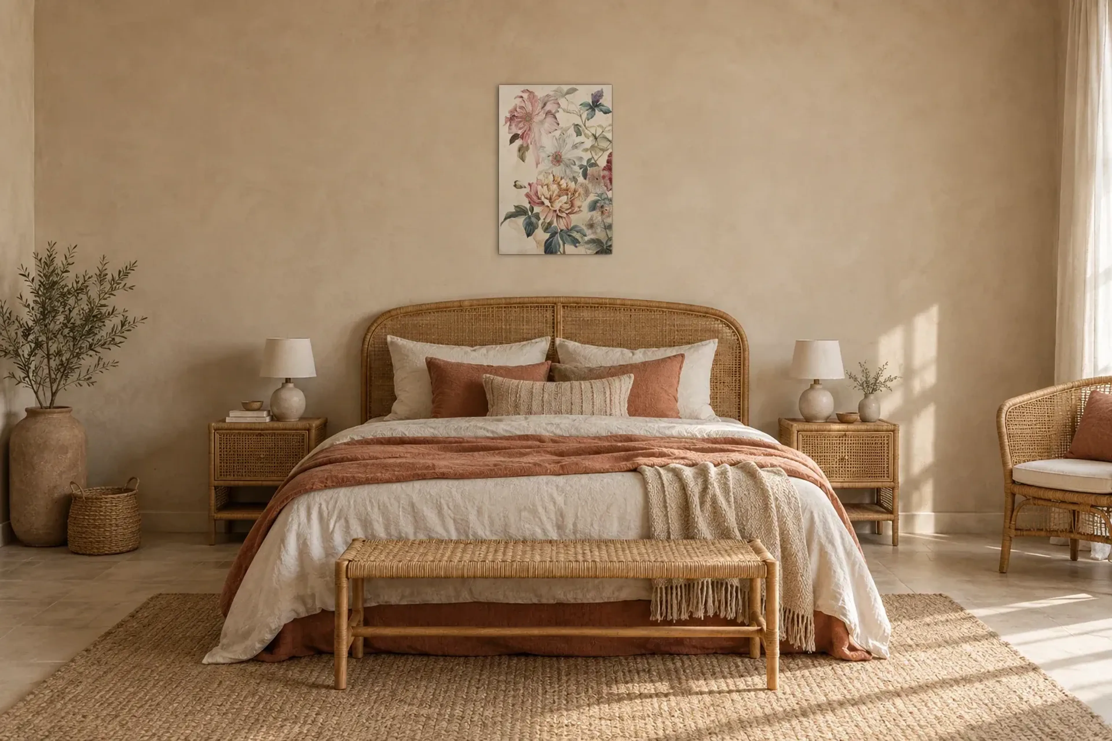 Blüten in sanften Erdtönen als Wandbild über einem 180-cm-Bett
