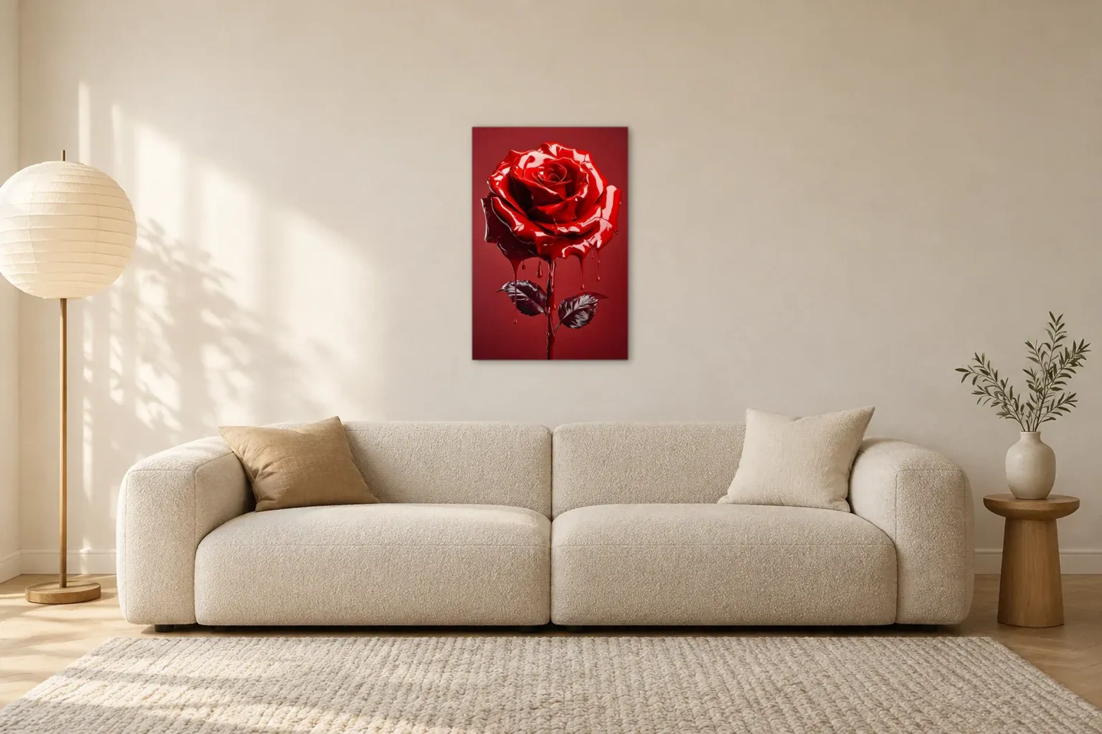 Glänzende rote Rose als Wandbild über einem 230-cm-Sofa