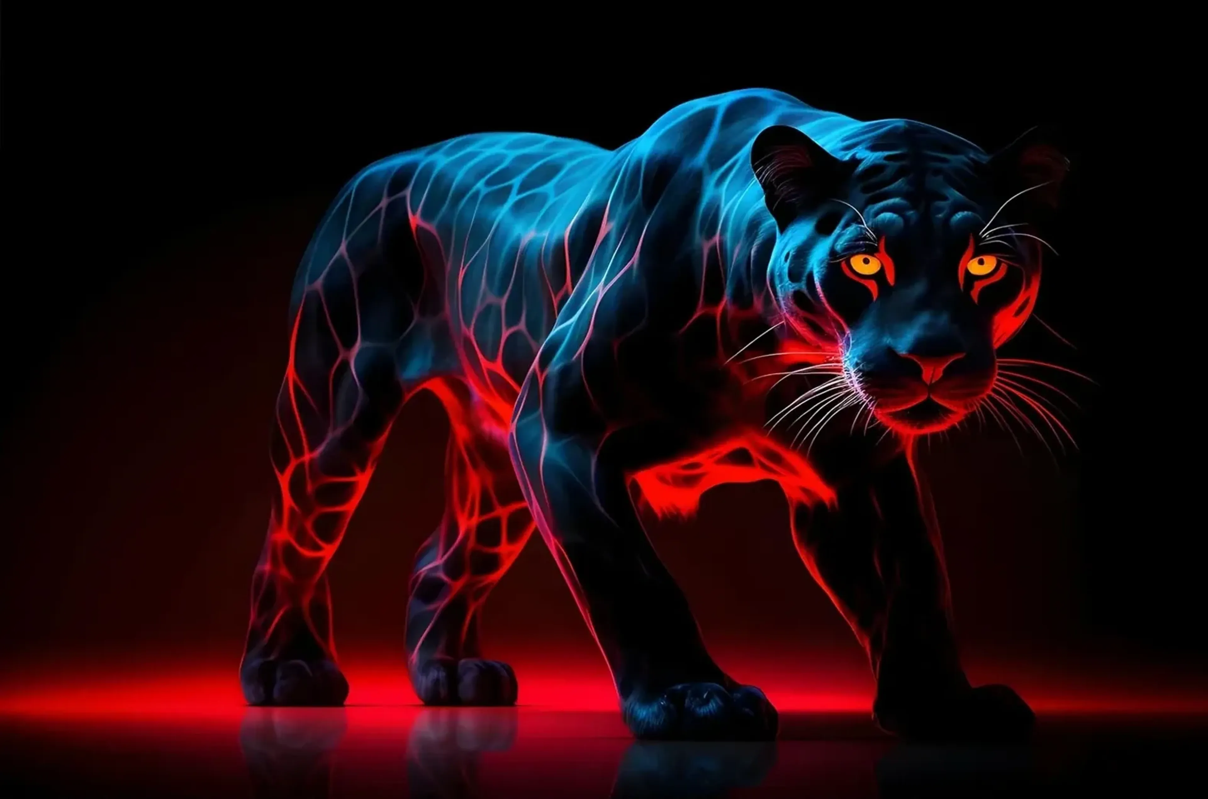 Dunkle Raubkatze mit orangegelben Augen und blau-roten Leuchtlinien auf spiegelndem Boden vor Schwarz.