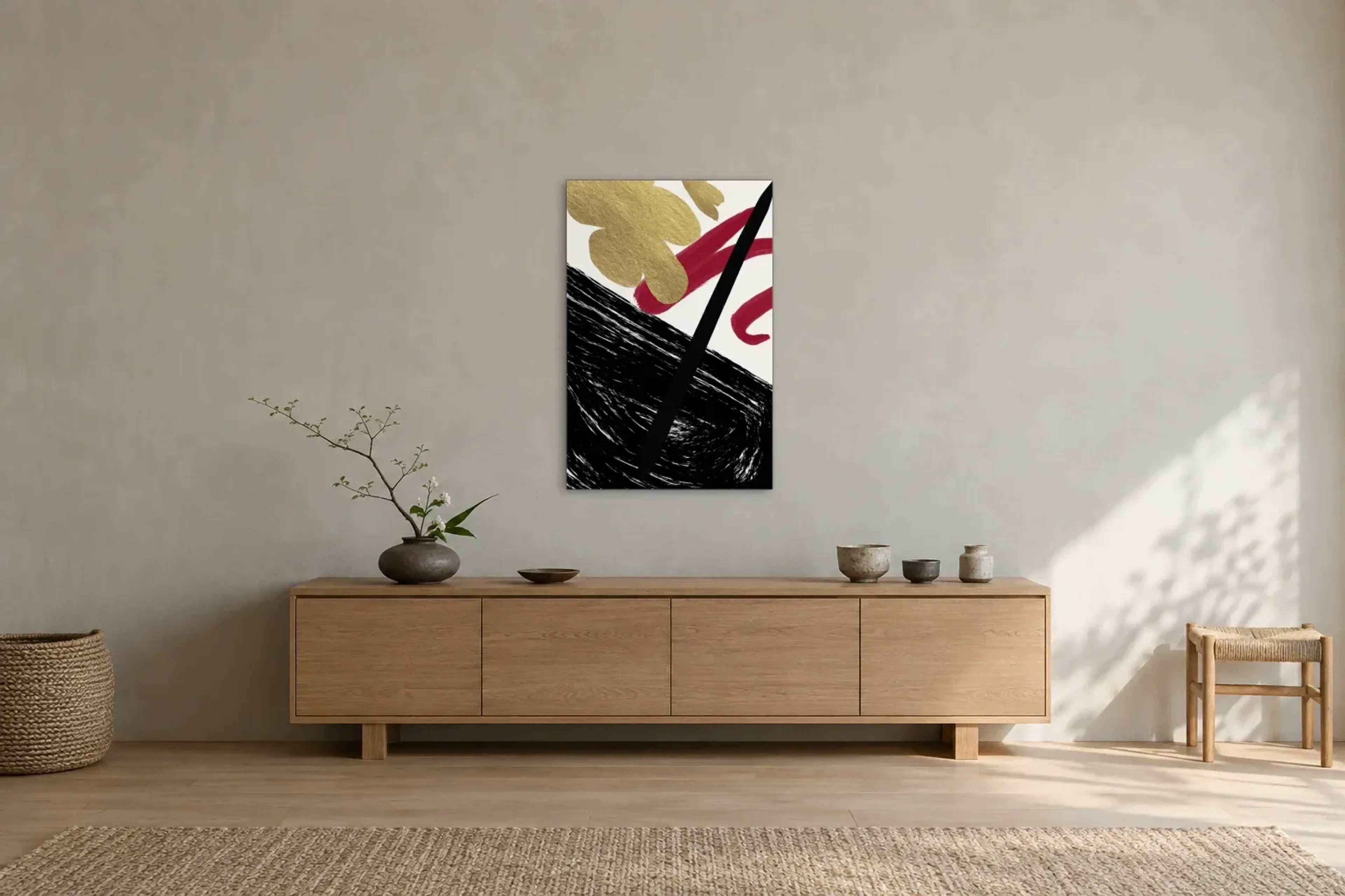 Goldblüten über schwarzen Strichen als Wandbild über einem 180-cm-Sideboard