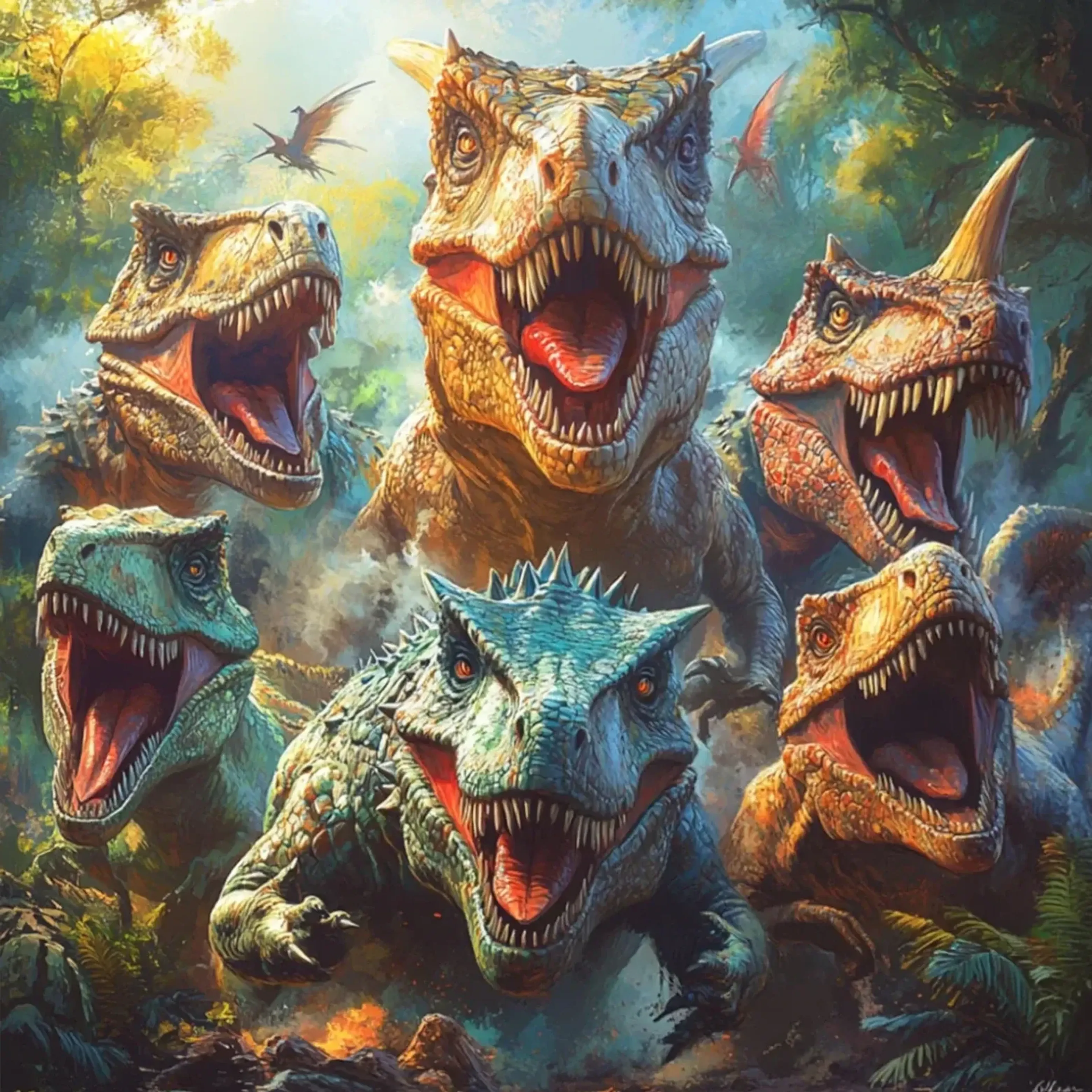 Dinosaurier im Urwald – Motiv als Wandbild auf Holz