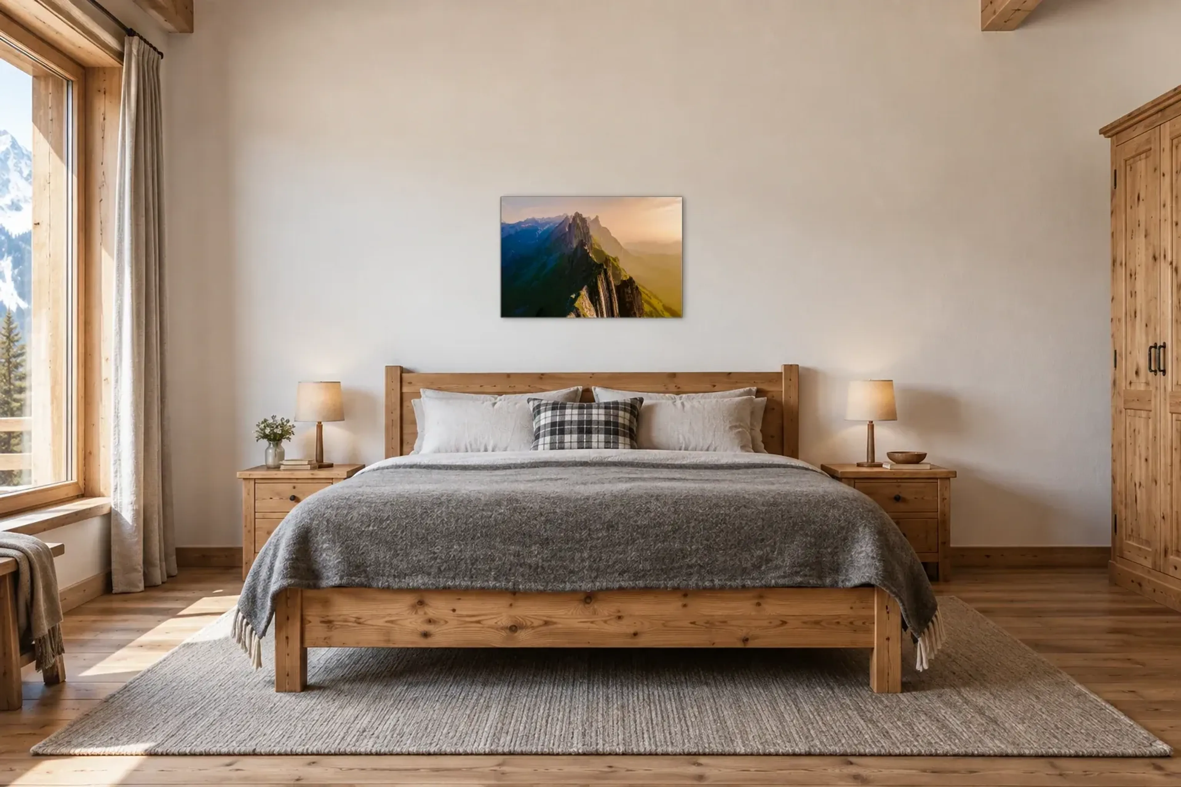 Bergkamm als Wandbild über einem 180-cm-Bett