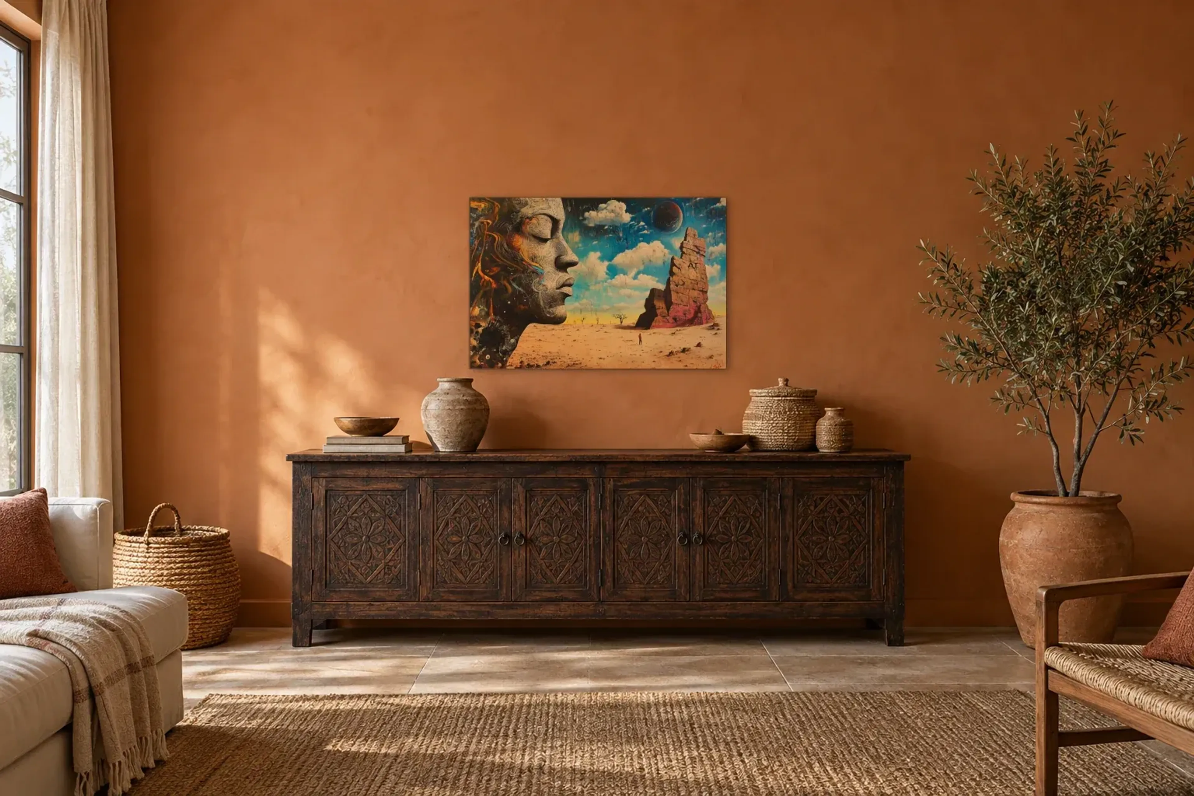 Traumwelt als Wandbild über einem 180-cm-Sideboard