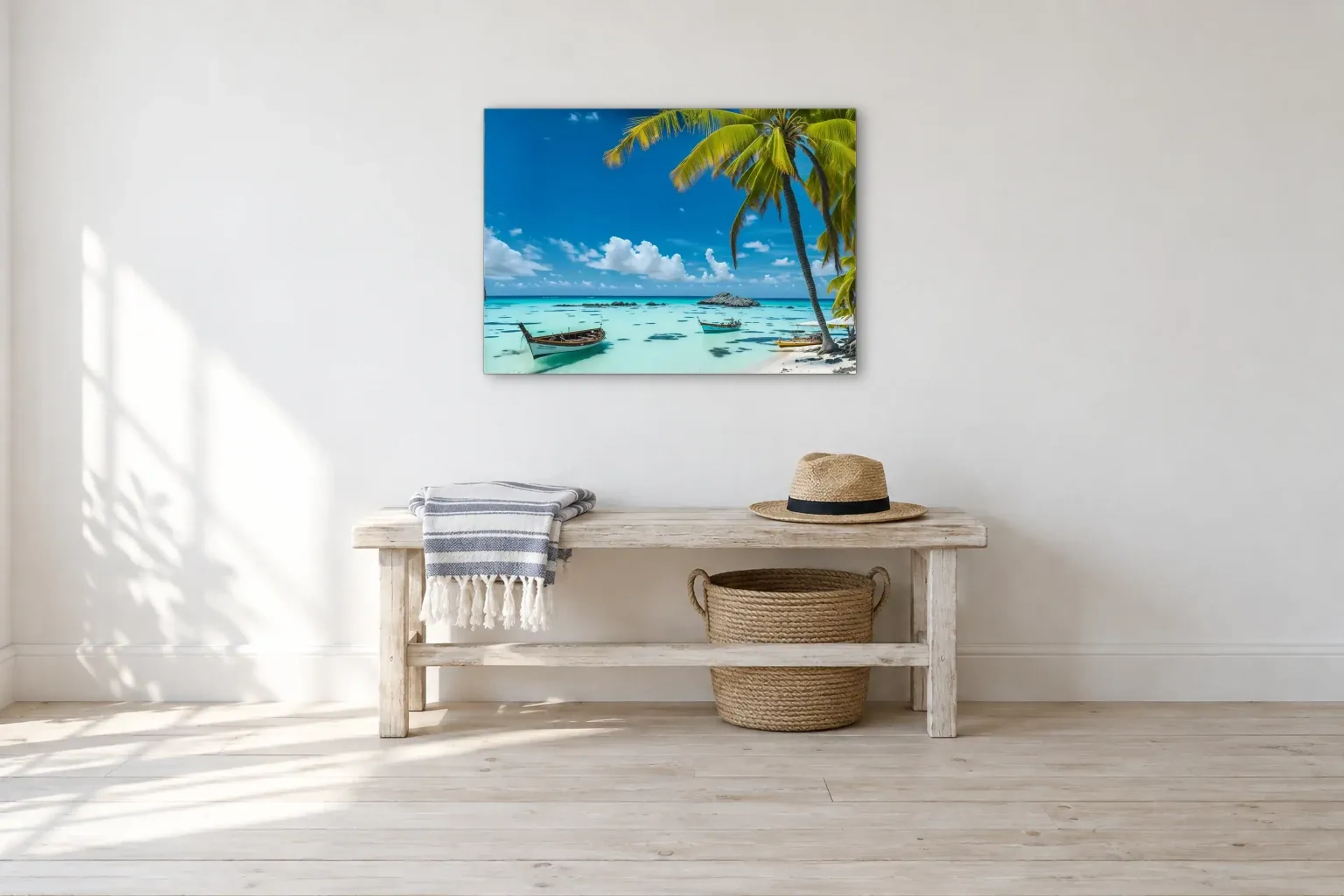 Boote unter Palmen als Wandbild über einer 100-cm-Bank