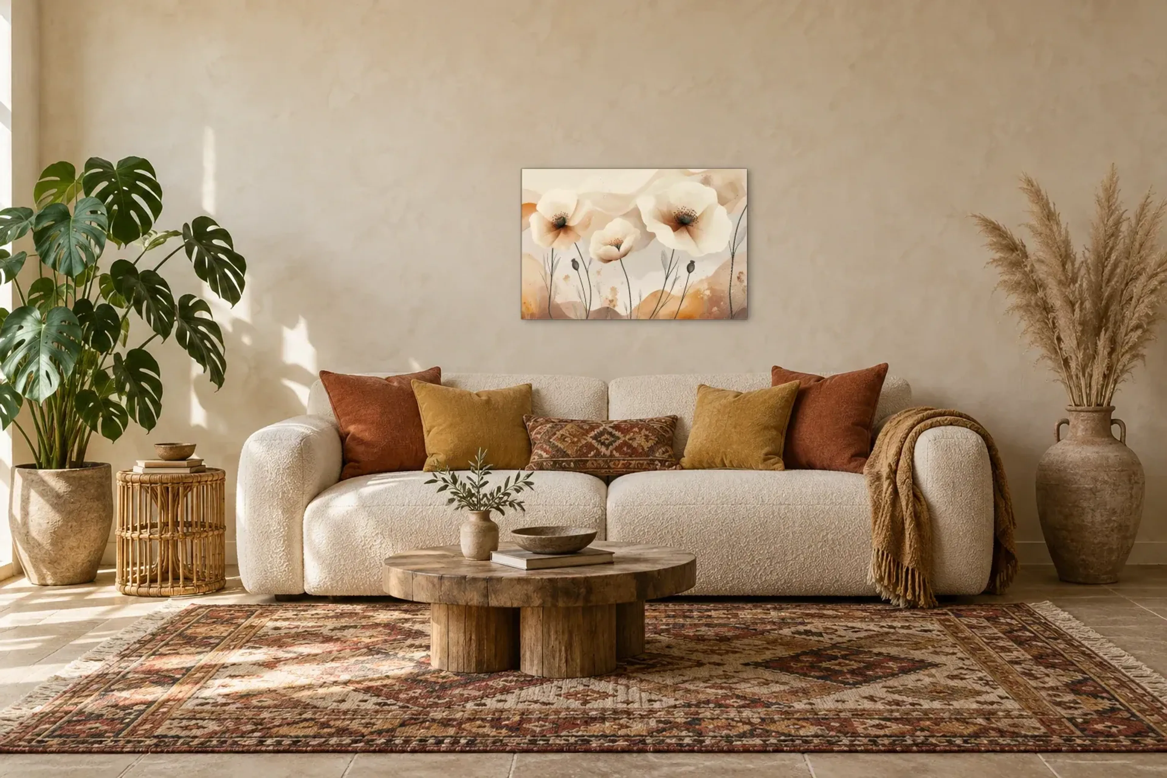 Blumen Boho als Wandbild über einem 220-cm-Sofa