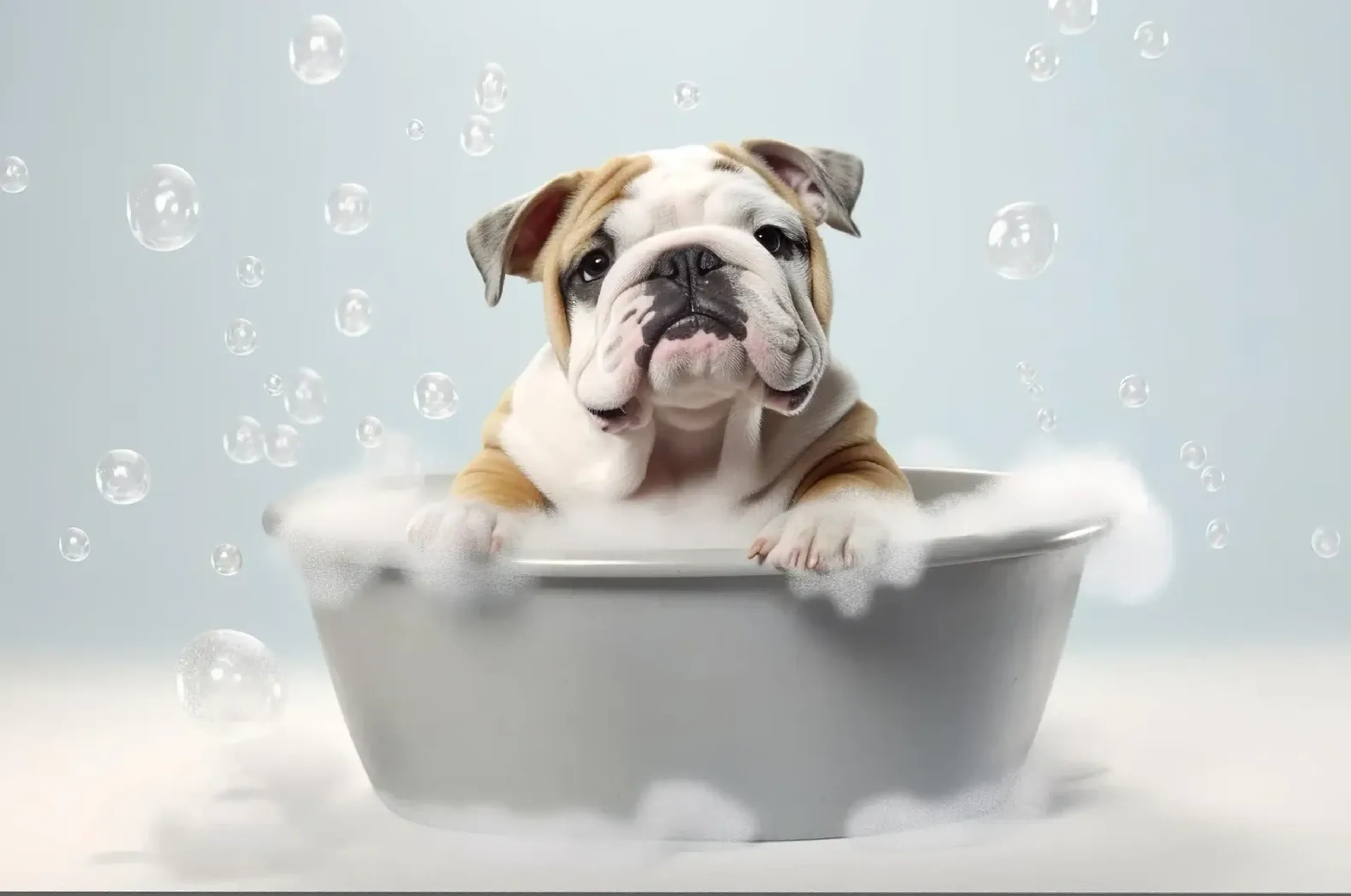 Eine weiß-braune Bulldogge legt ihre Pfoten auf den Rand einer grauen Schaumwanne, umgeben von Seifenblasen.