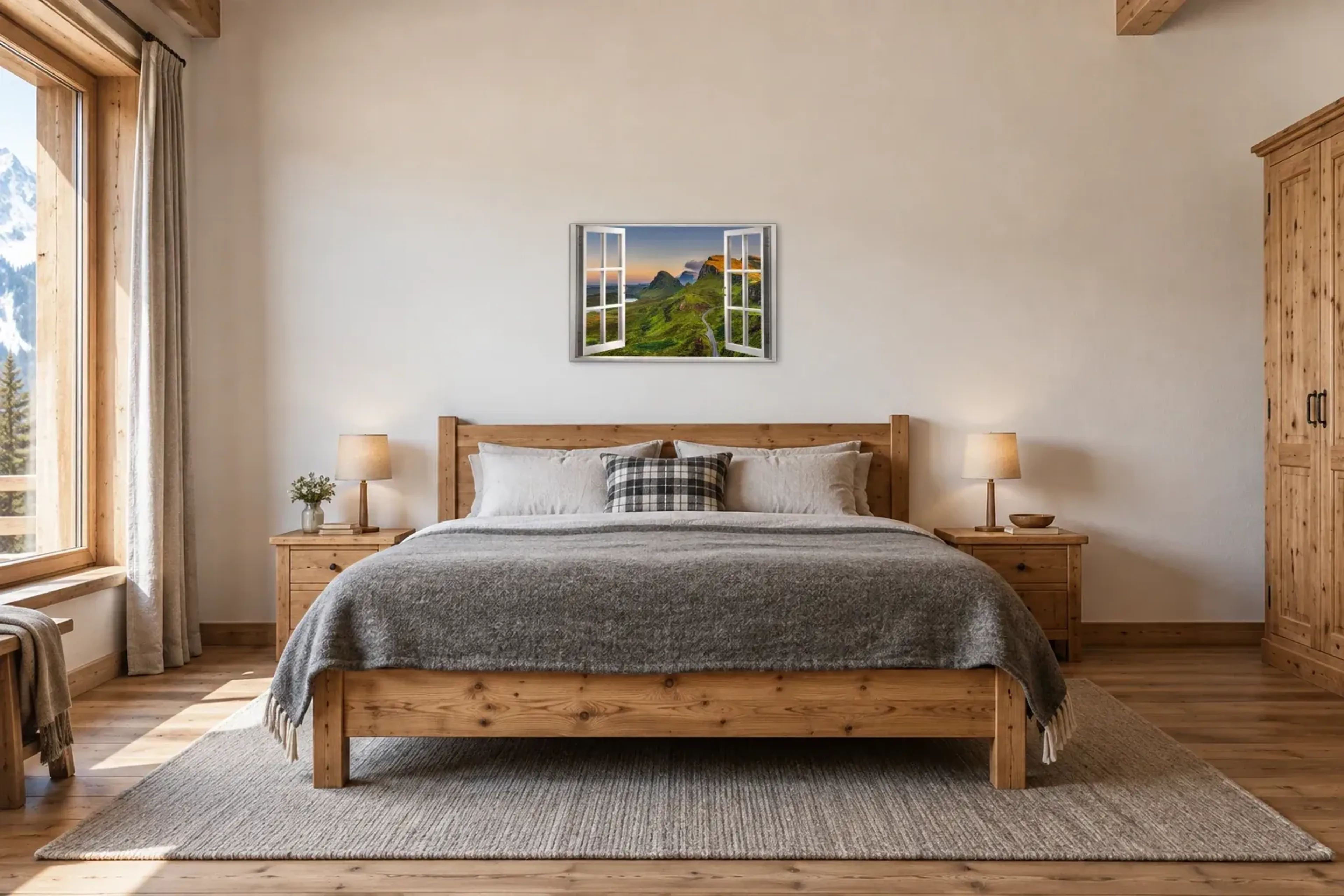 Straße durch grüne Berge als Wandbild über einem 180-cm-Bett