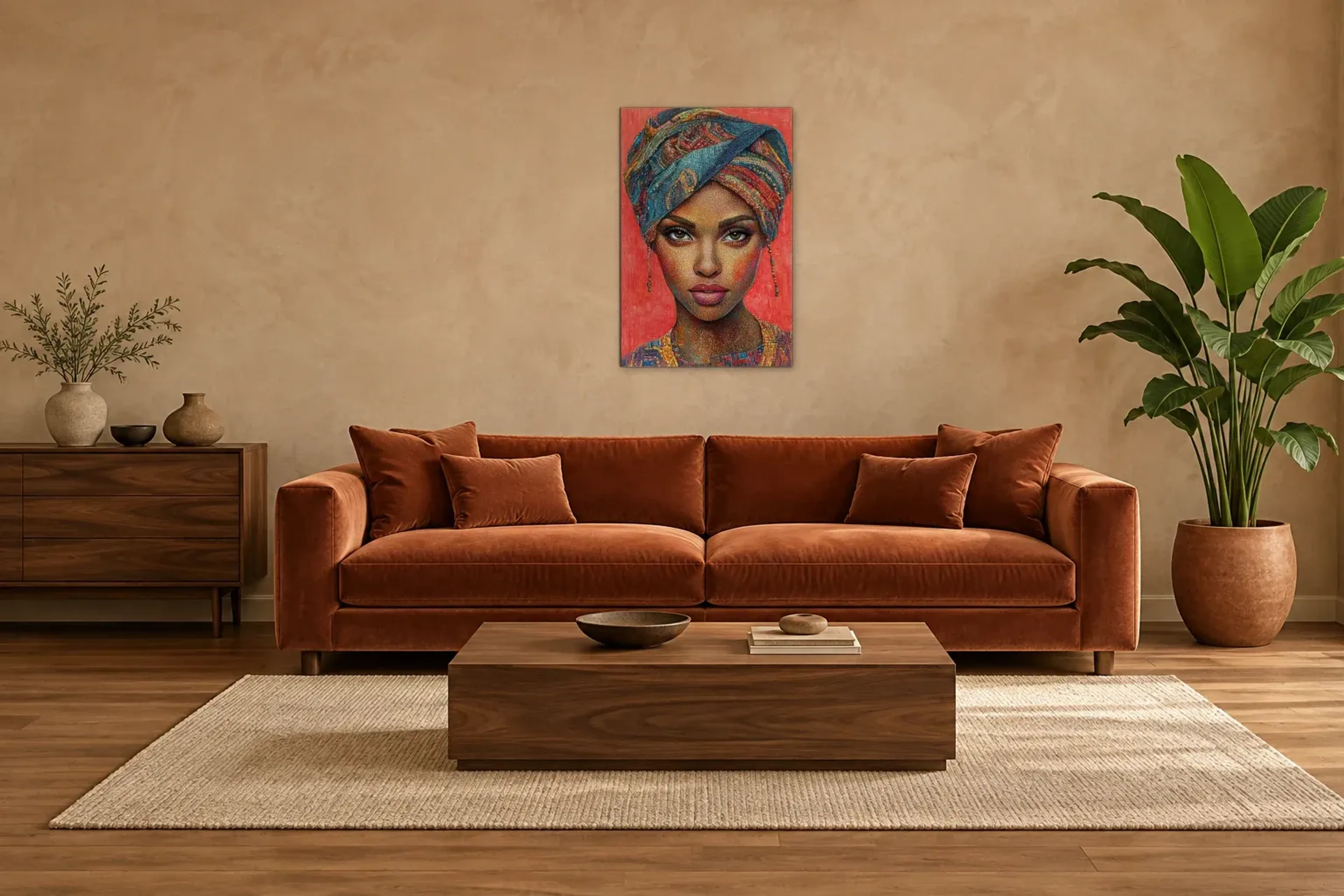 Porträt mit Turban als Wandbild über einem 220-cm-Sofa