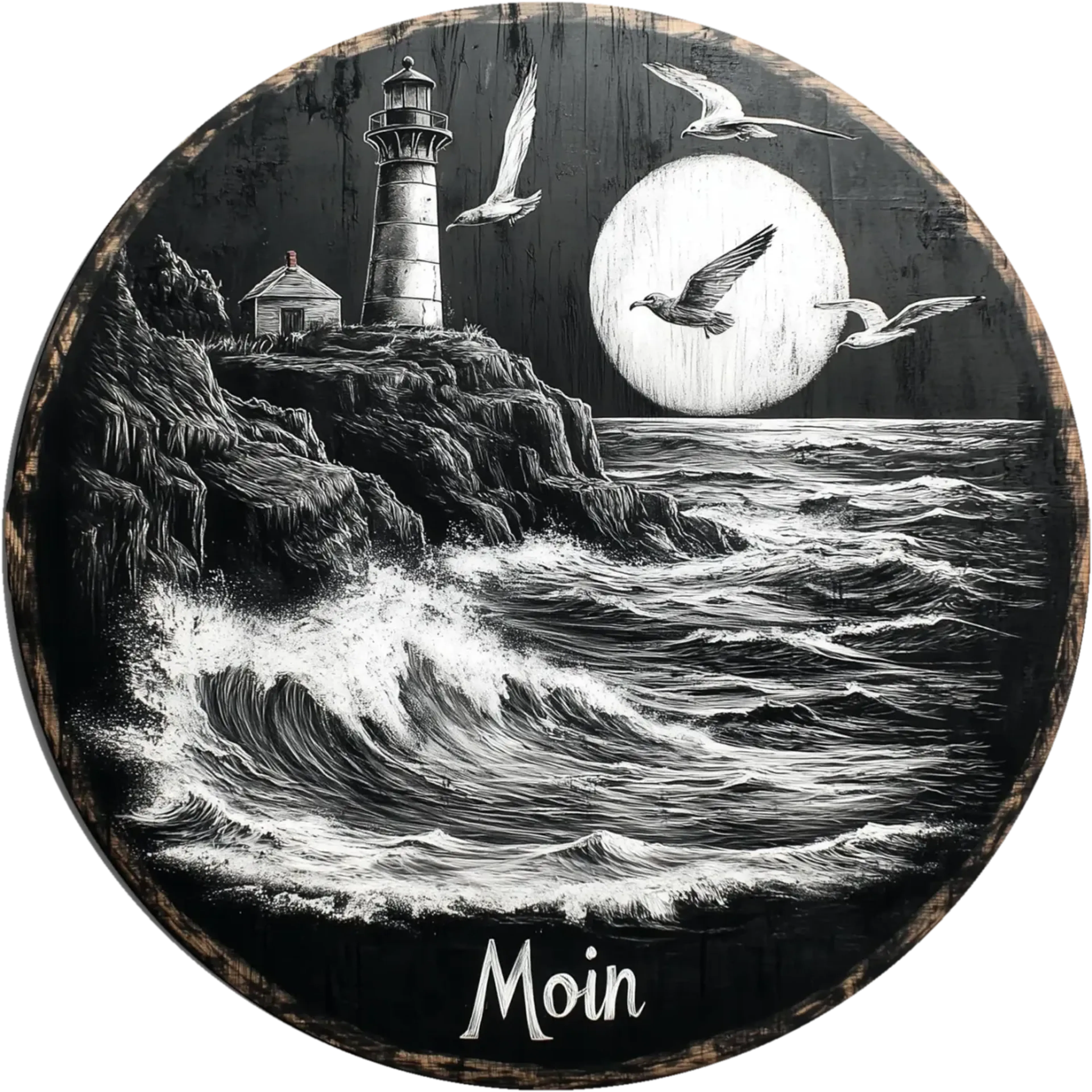 Leuchtturm auf Felsen, schäumende Wellen und Möwen vor einer hellen Himmelsscheibe, darunter „Moin“.