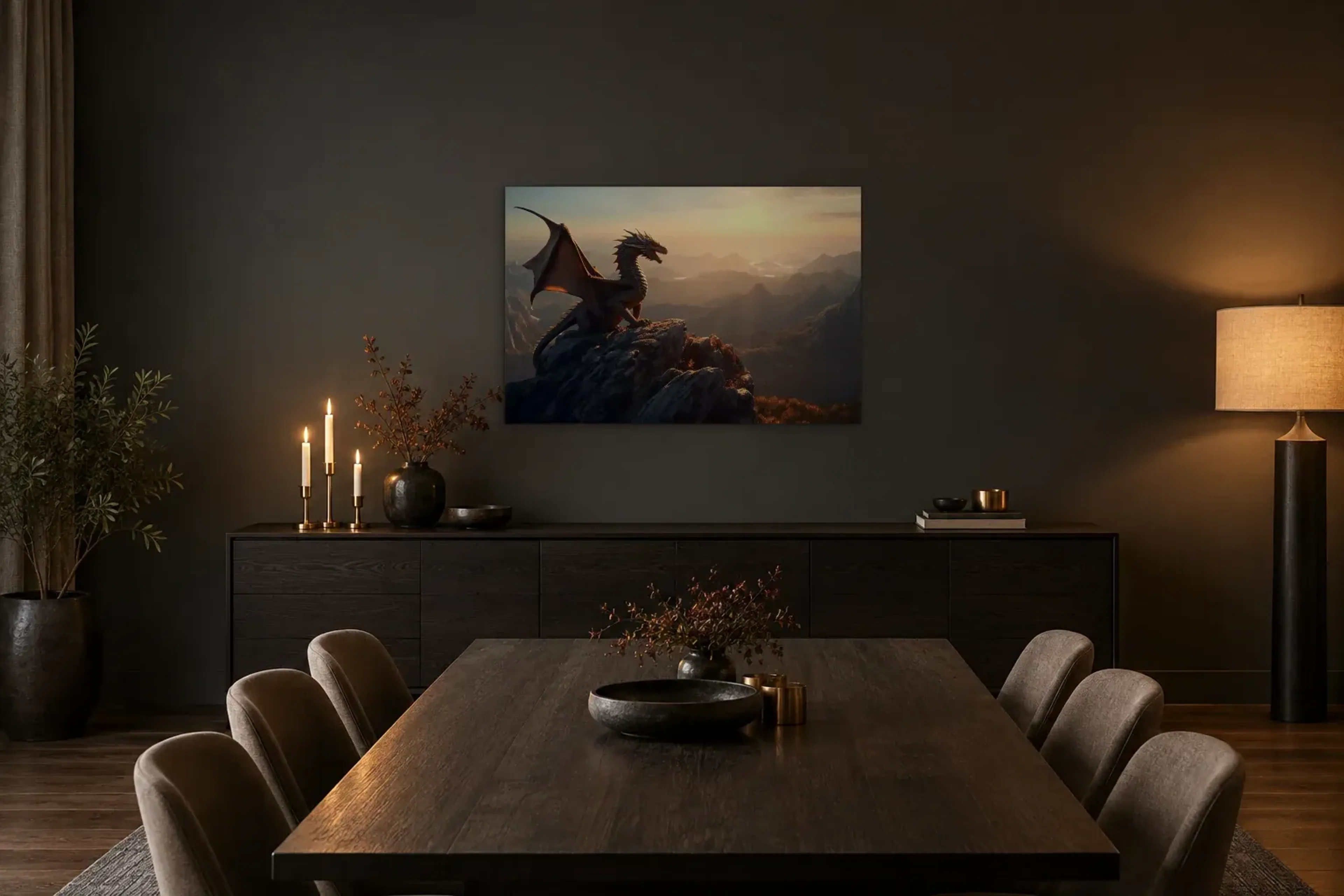 Drache mit Fernblick als Wandbild über einem 180-cm-Sideboard