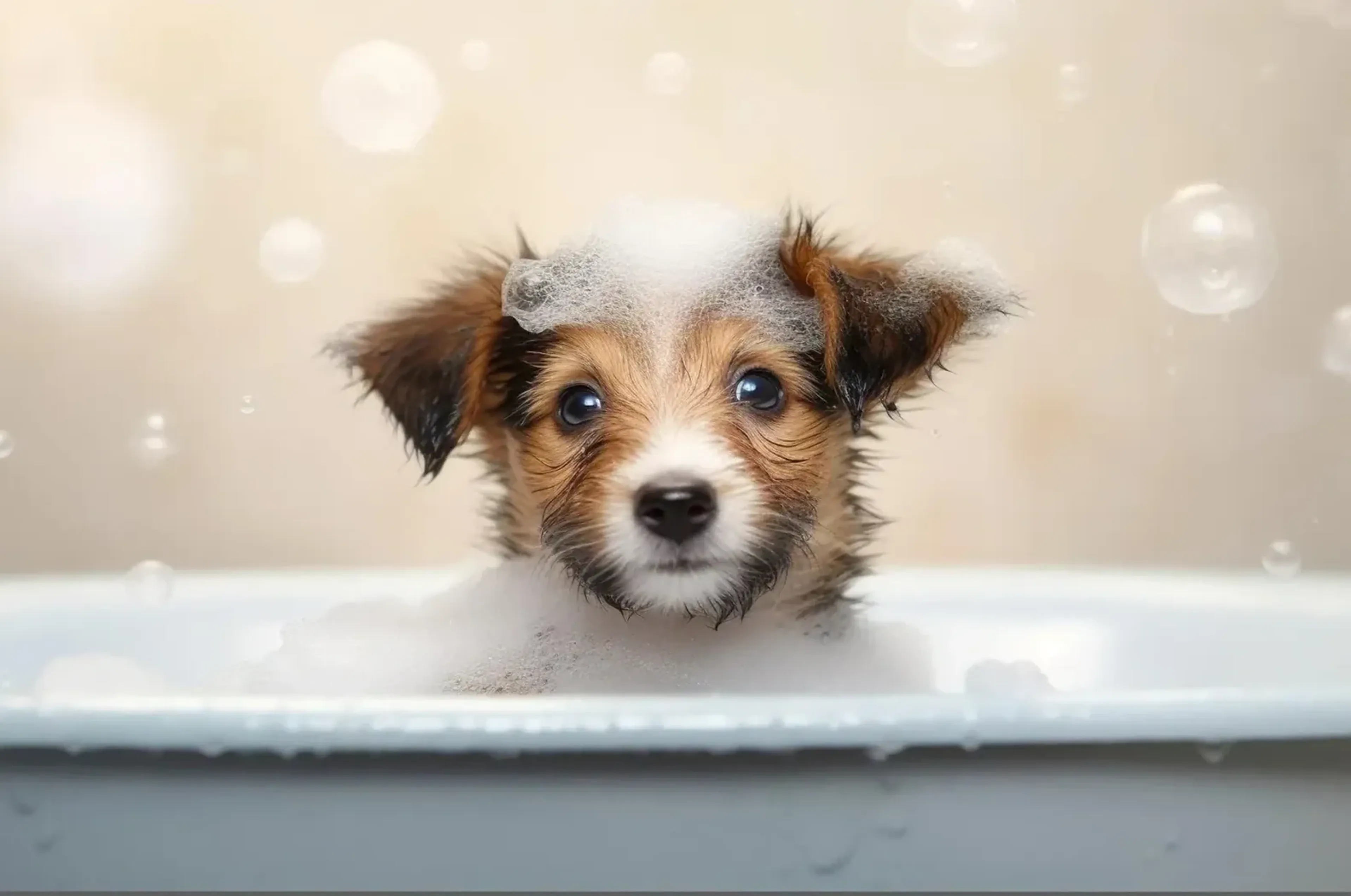 Ein braun-schwarz-weißer Terrier mit Schaumhaube schaut über einen hellblauen Badewannenrand.