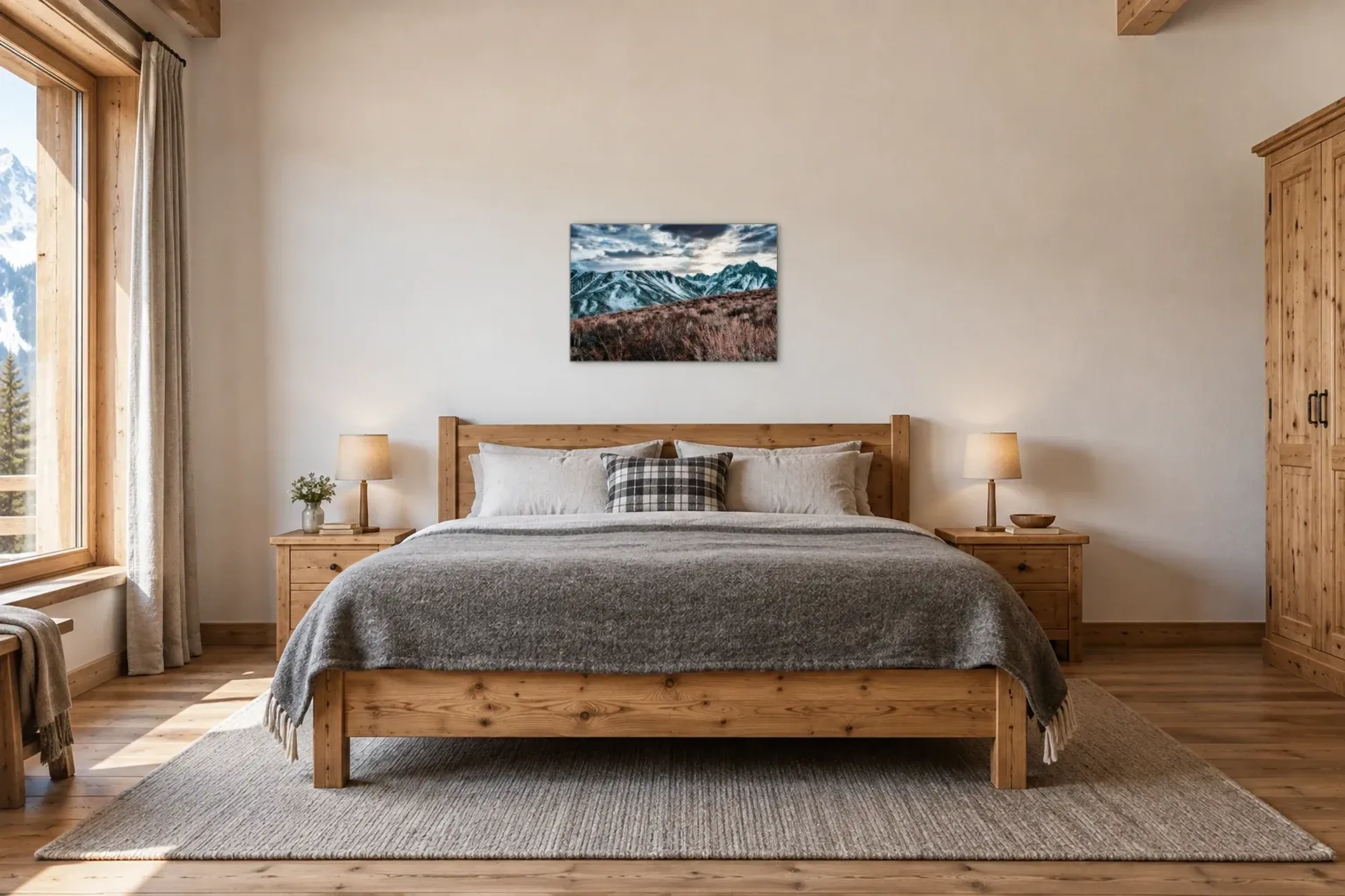 Bergkämme im Abendlicht als Wandbild über einem 180-cm-Bett