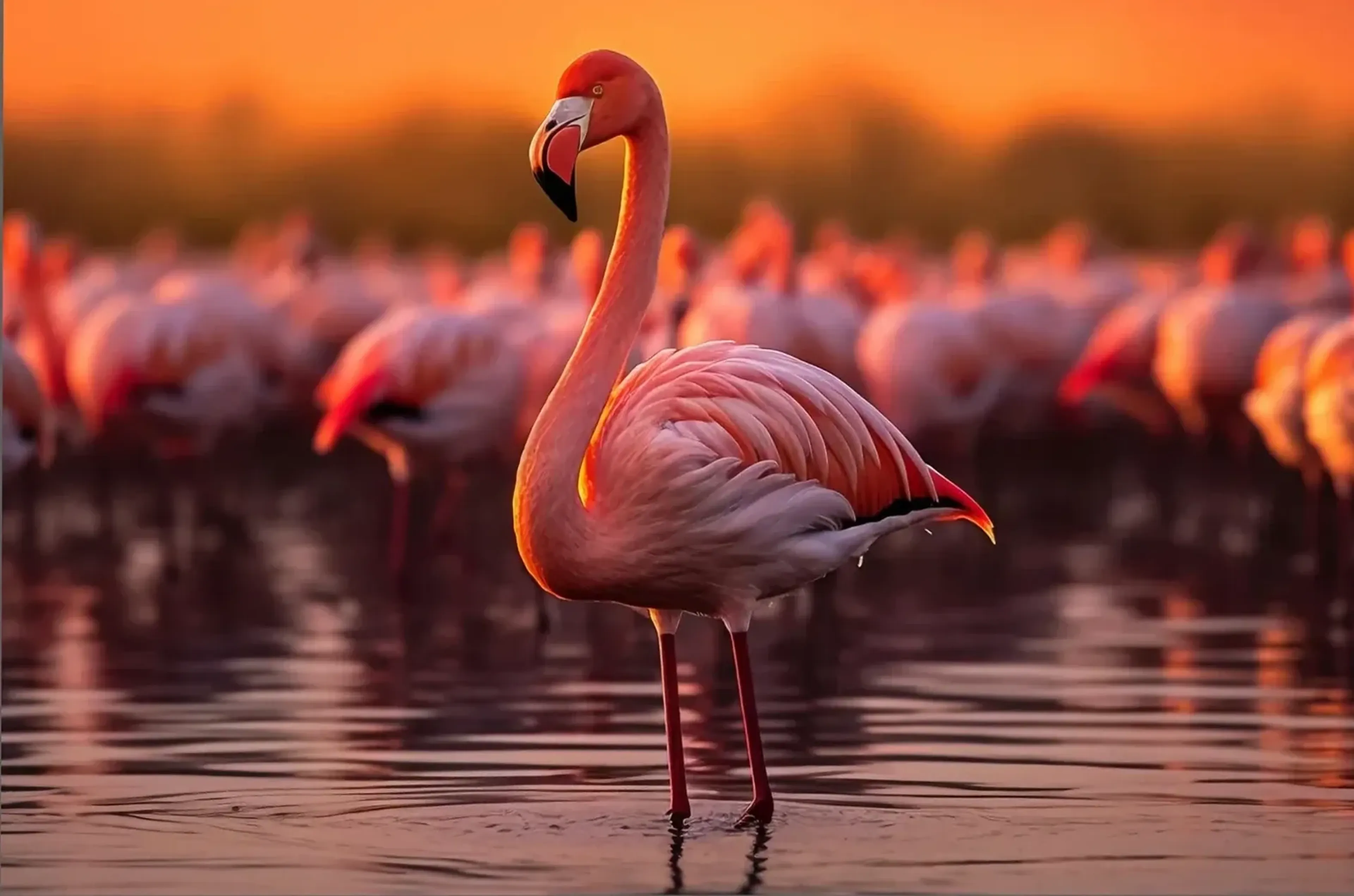 Ein rosa Flamingo steht vor einer unscharfen Flamingogruppe im Wasser unter orangefarbenem Himmel.