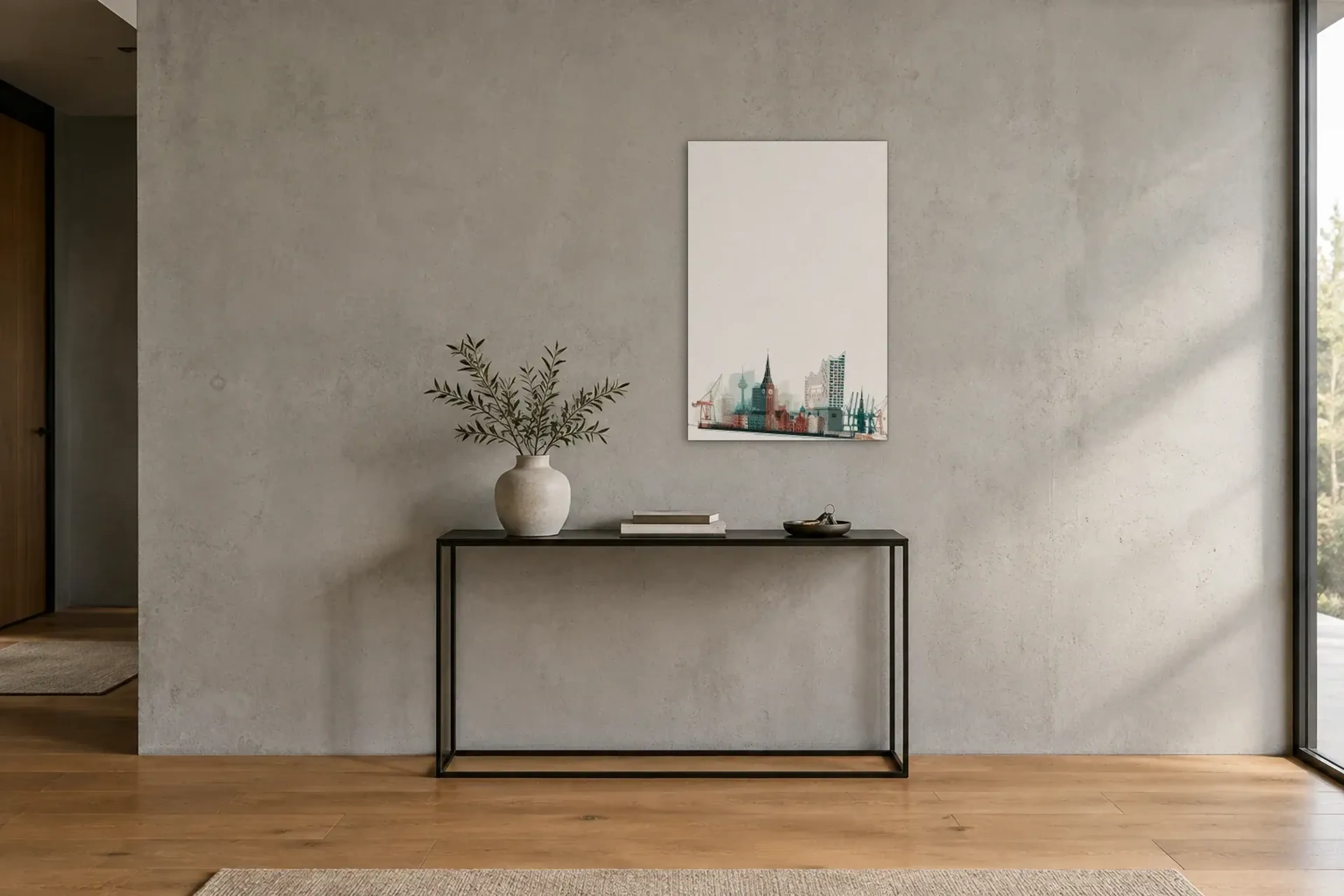 Hamburg in feinen Konturen als Wandbild über einer 120-cm-Konsole