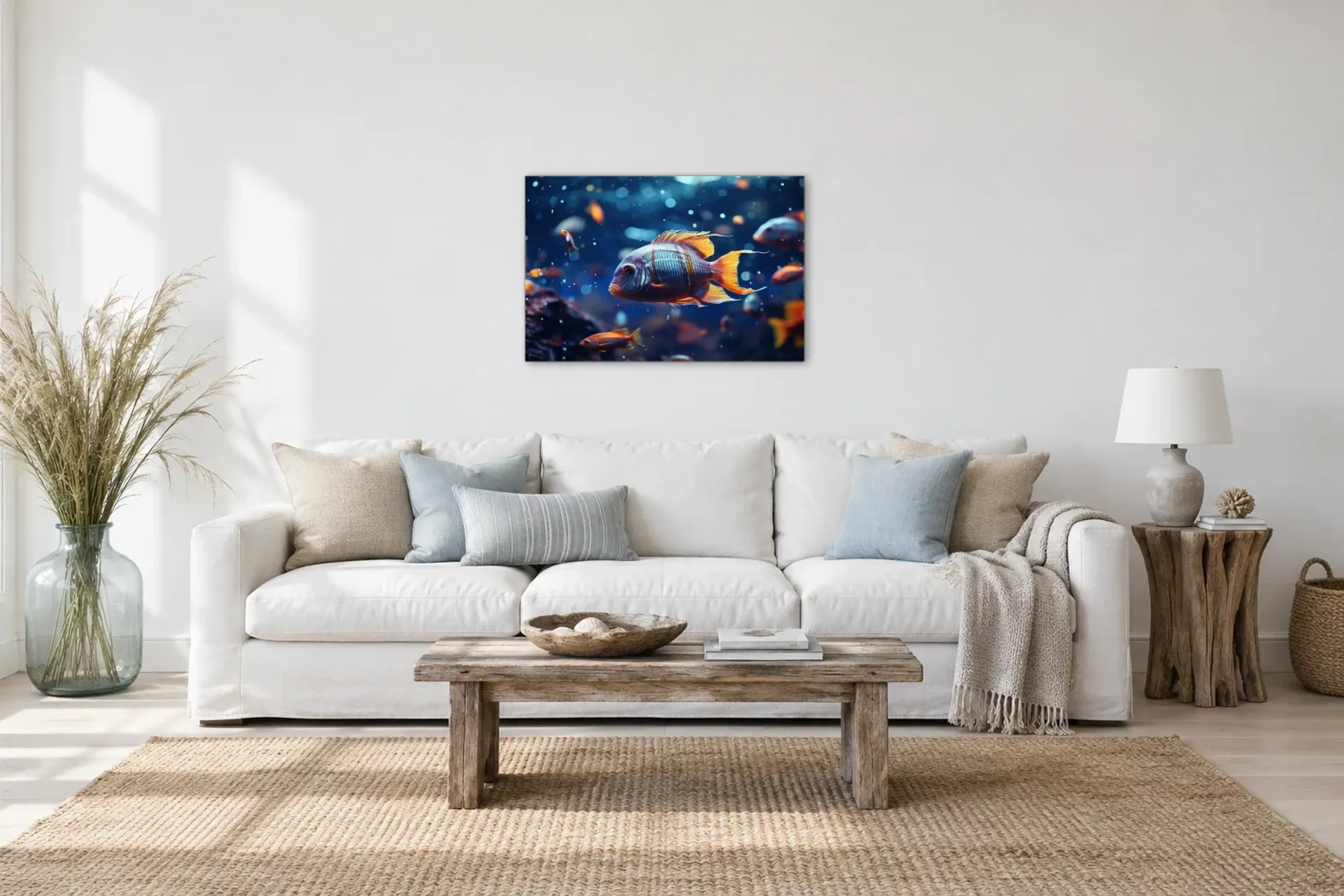 Bunter Fisch als Wandbild über einem 220-cm-Sofa