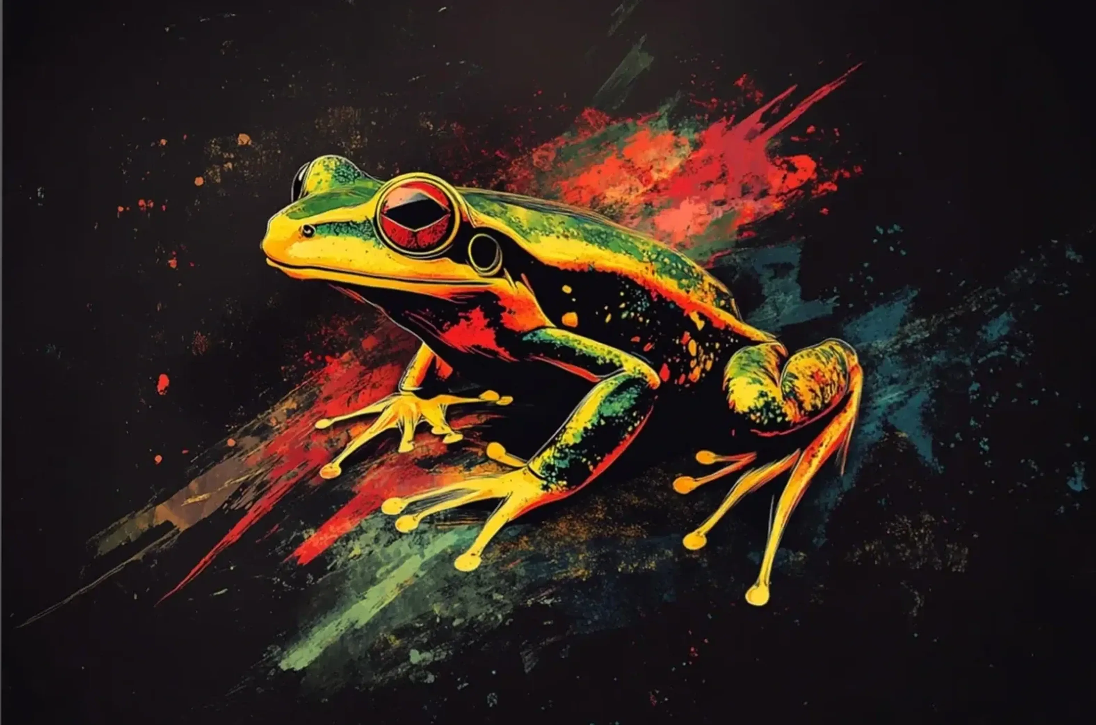 Ein gelb-grüner Frosch mit rotem Auge sitzt vor schwarzem Grund mit schrägen, bunten Farbspuren.