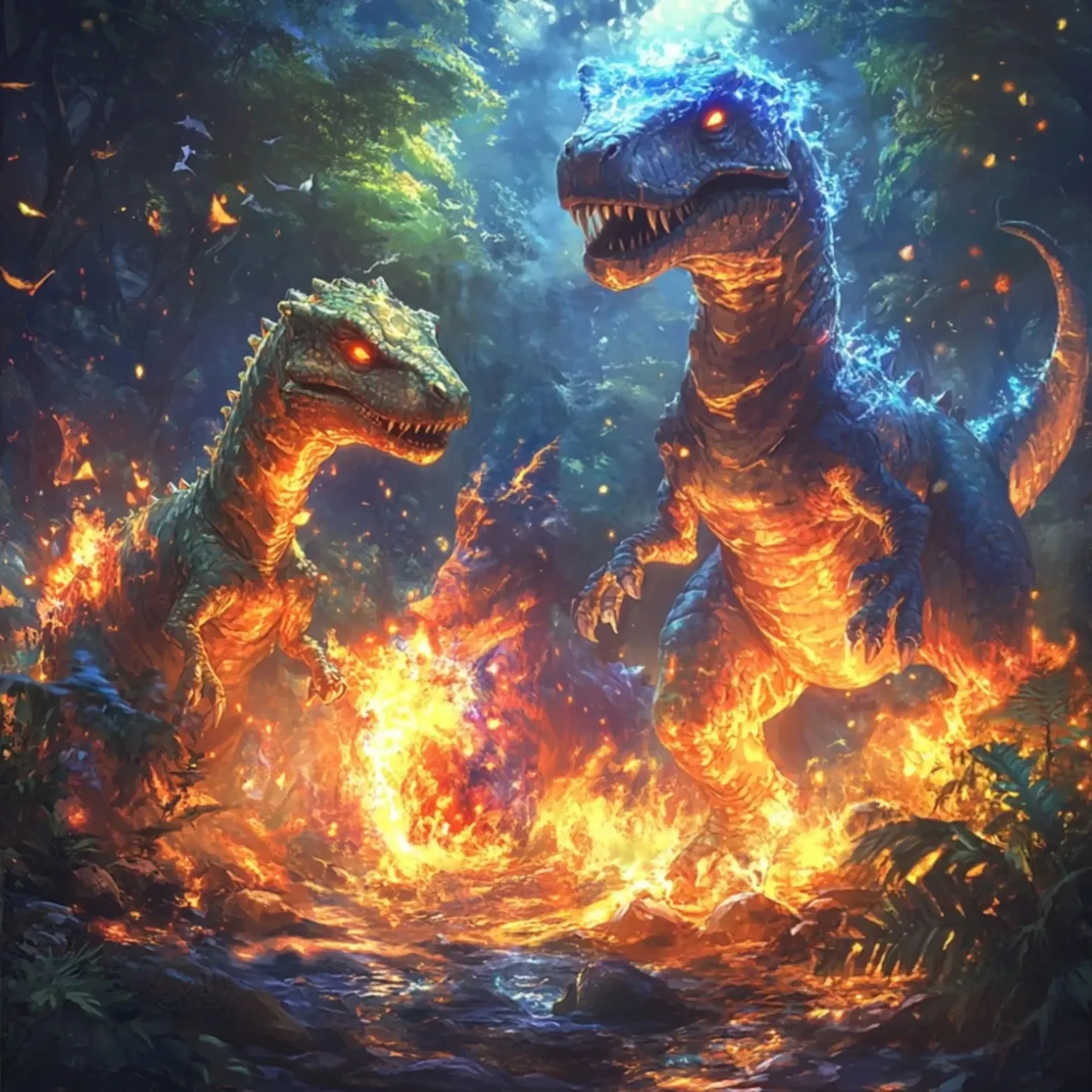 Dinos zwischen Feuerfunken – Motiv als Wandbild auf Holz