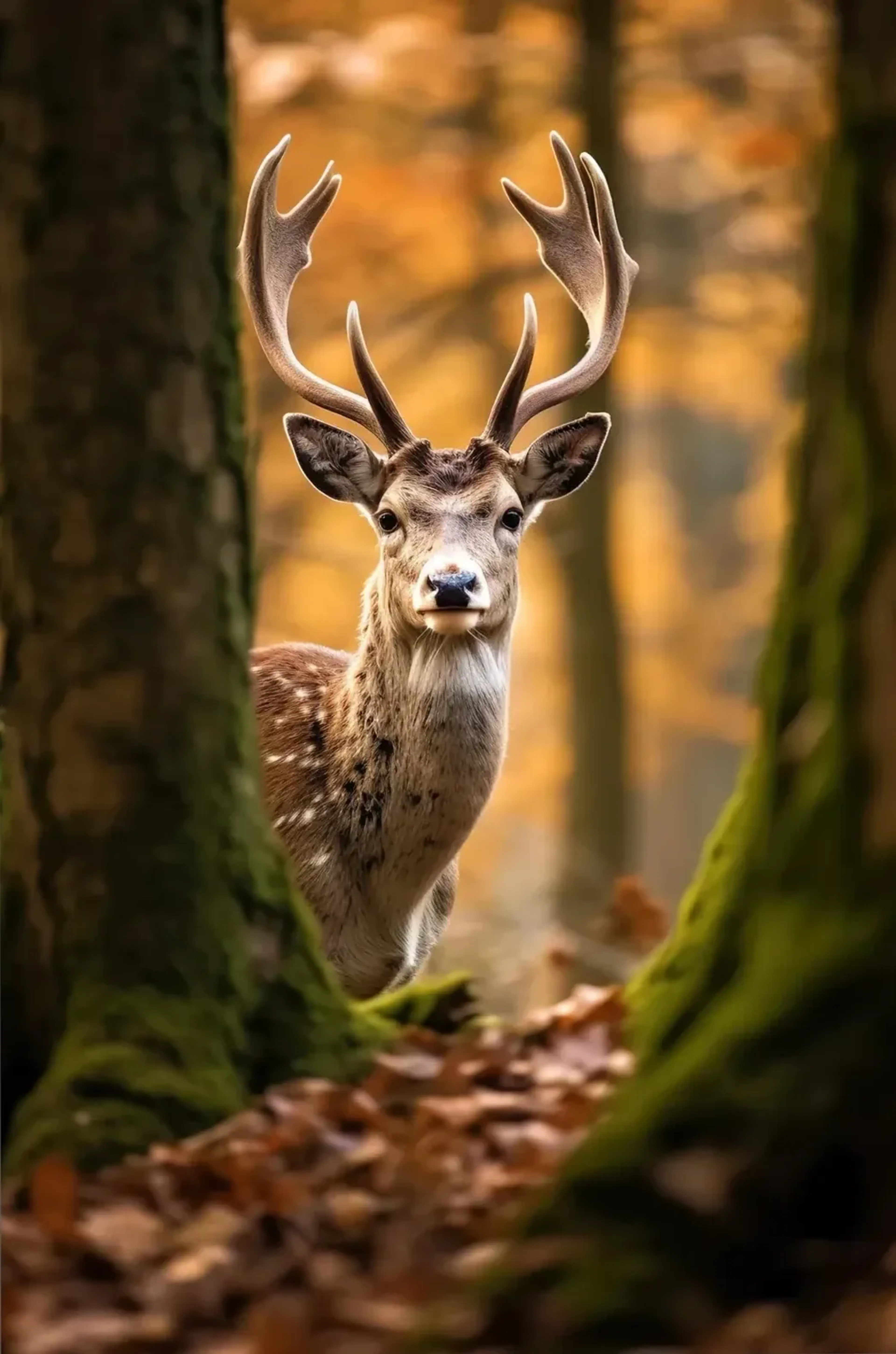 Ein Hirsch mit geflecktem Fell schaut zwischen moosigen Baumstämmen vor goldenem Herbstlaub hervor.
