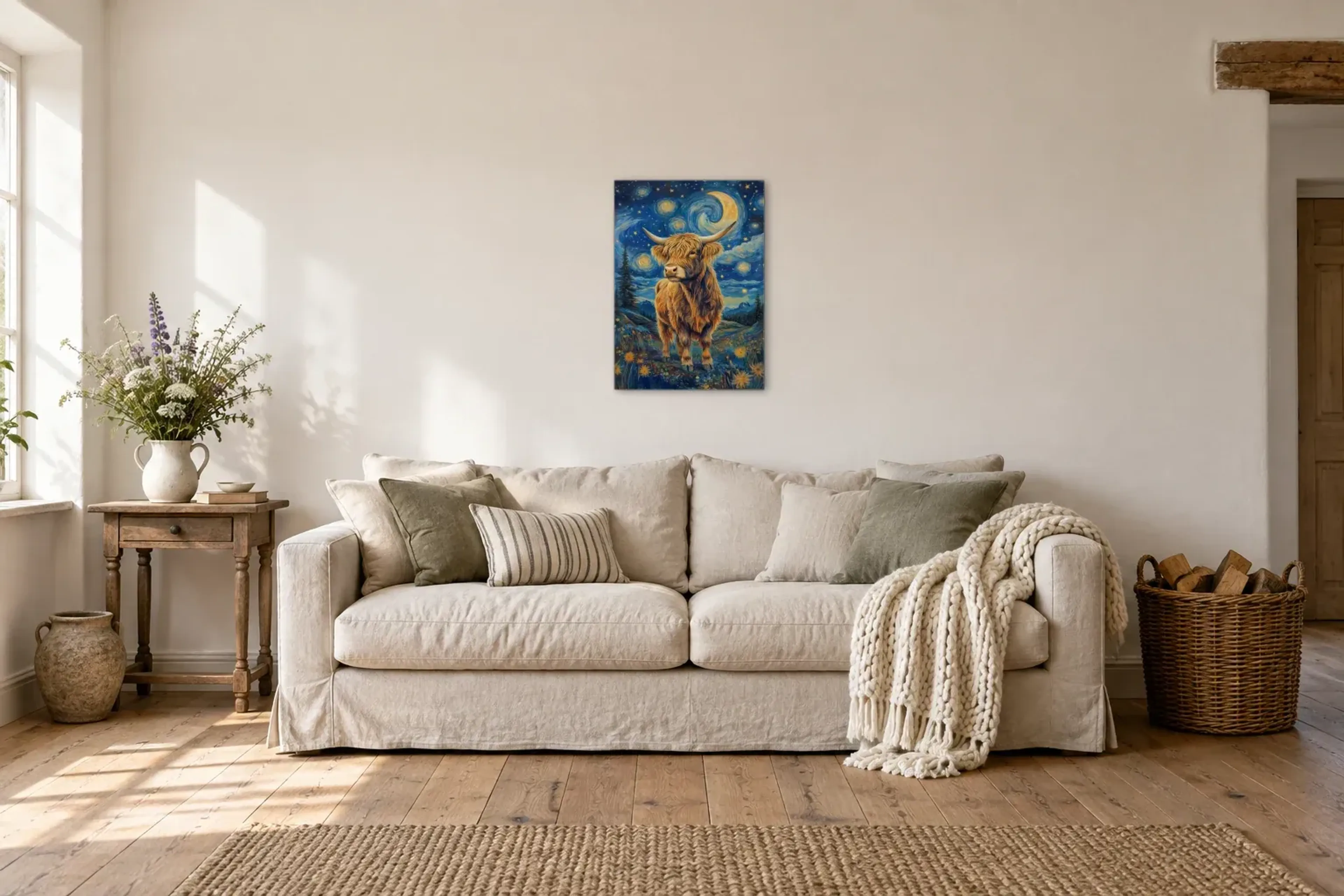 Hochlandrind unter Sternen als Wandbild über einem 220-cm-Sofa