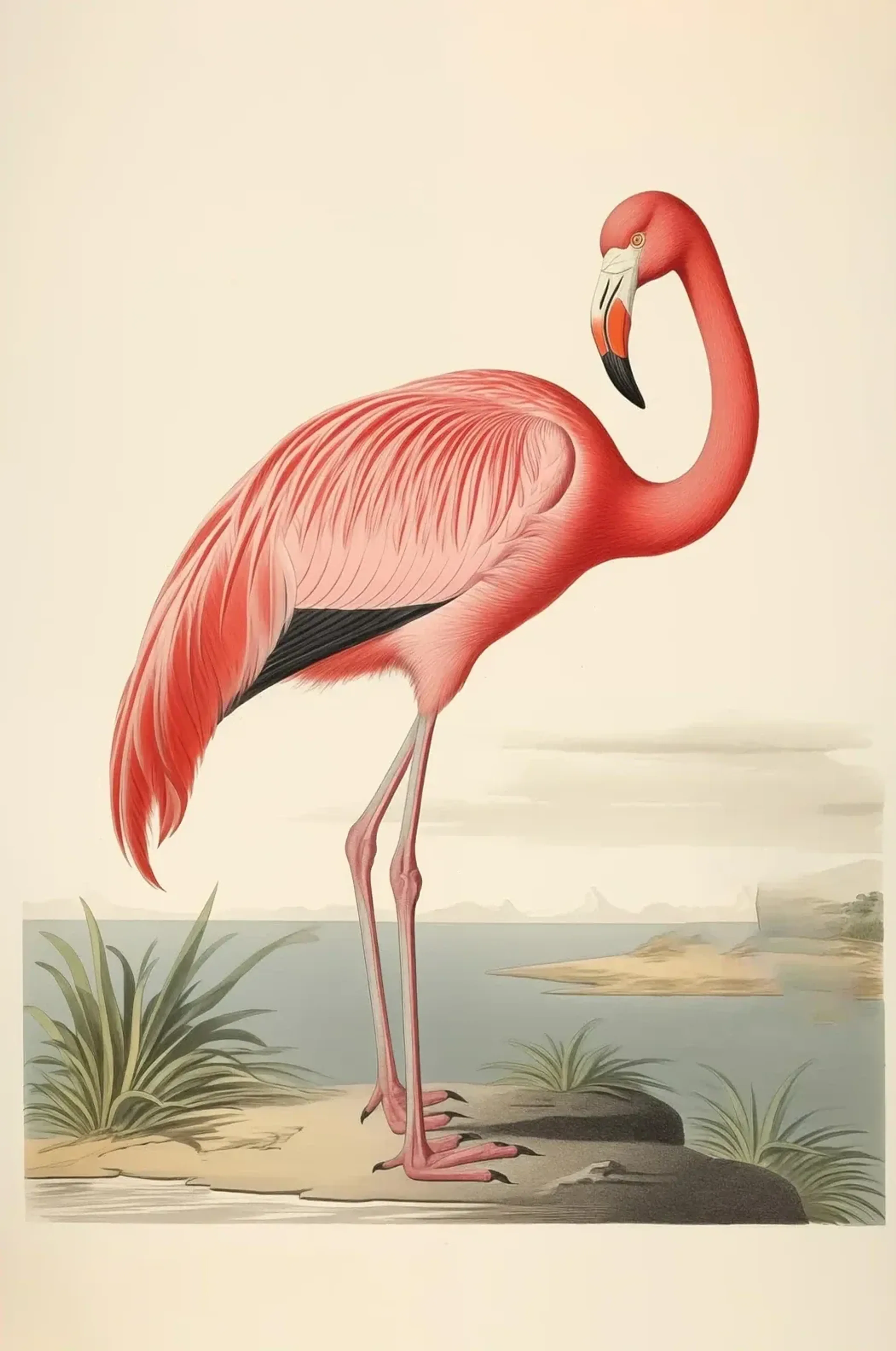 Flamingo am Ufer – Motiv als Wandbild auf Holz